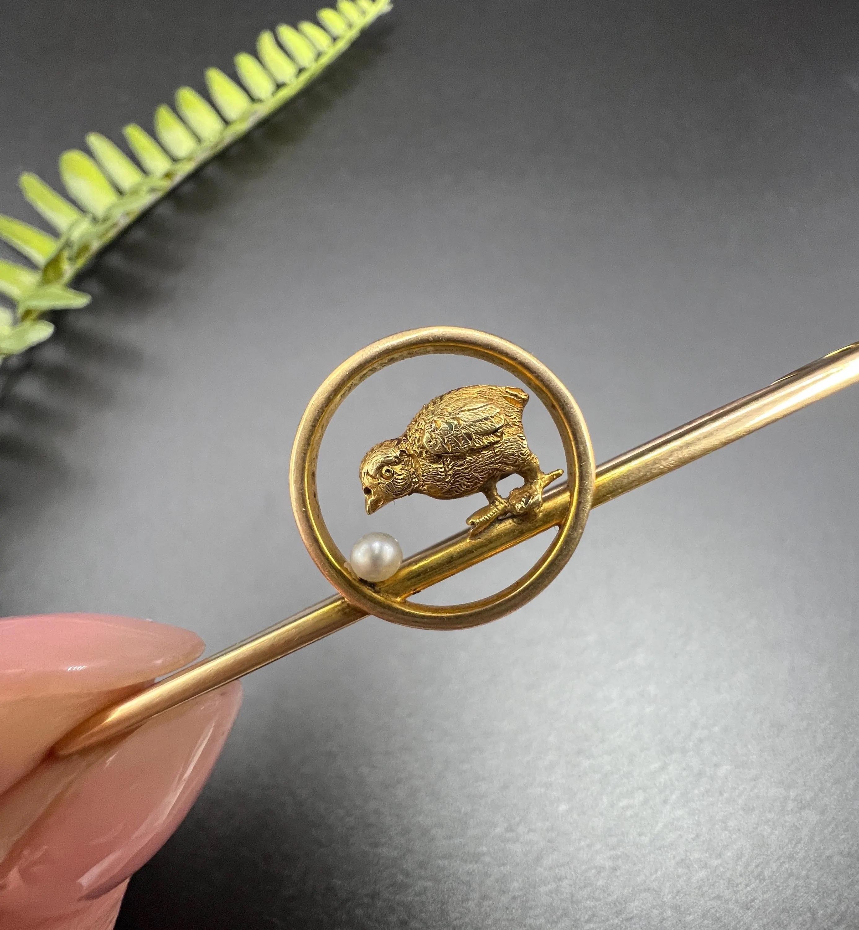 Women's or Men's Antique 15ct Yellow Gold, Edwardian Baby Chick with Seed Pearl Egg Bar Brooch For Sale