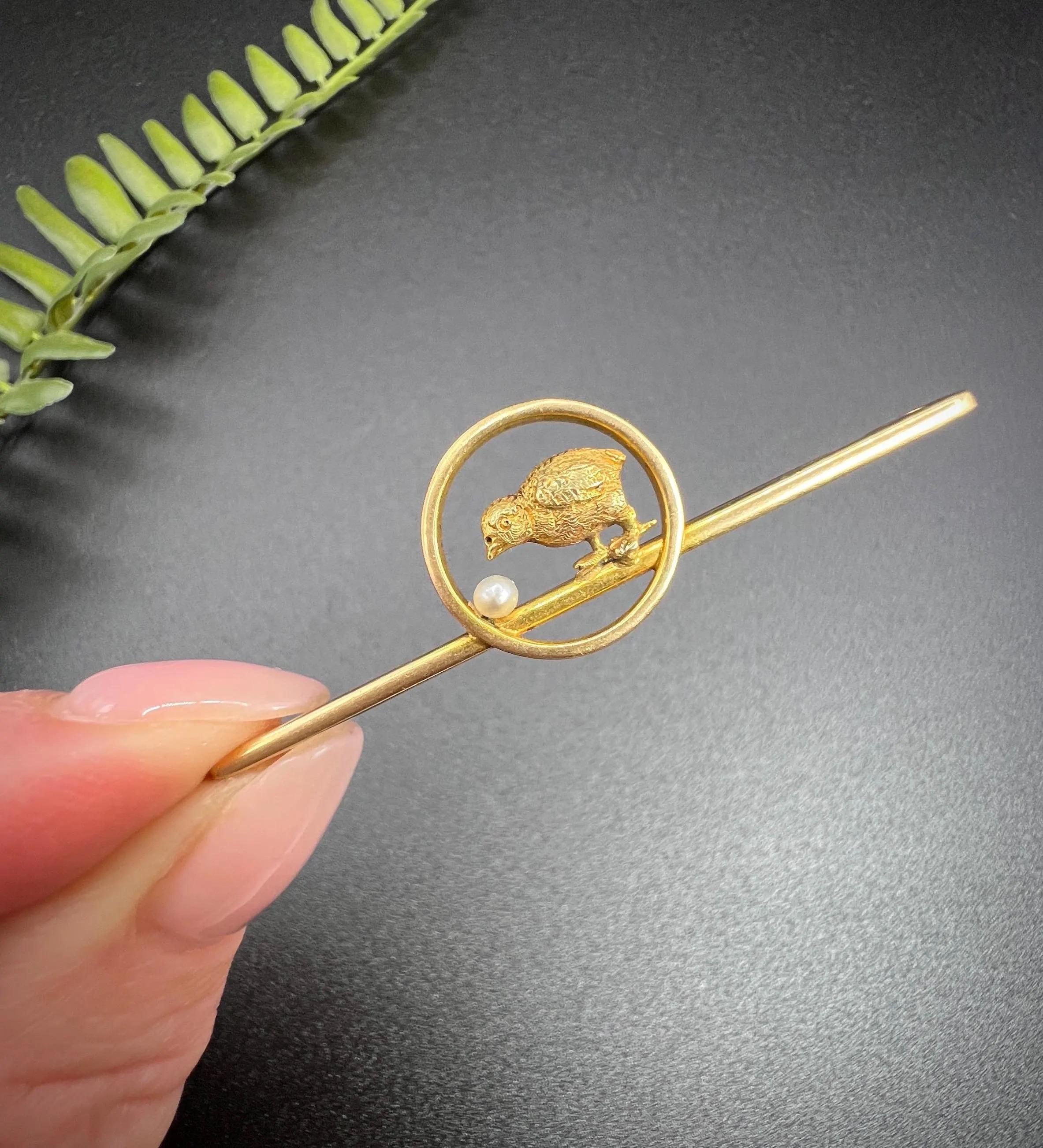 Antique 15ct Yellow Gold, Edwardian Baby Chick with Seed Pearl Egg Bar Brooch For Sale 1