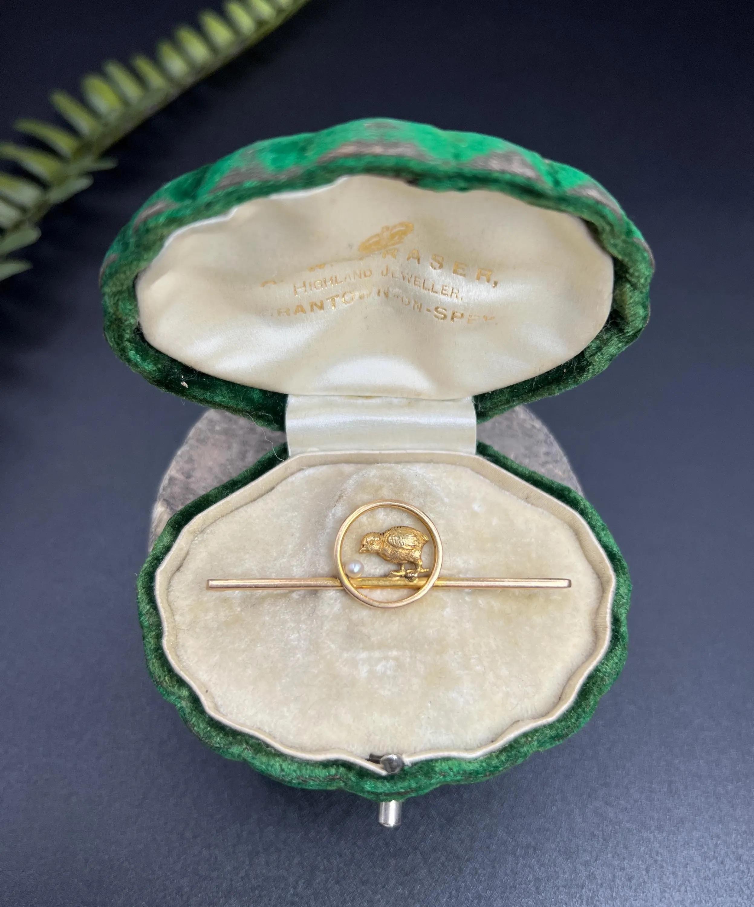 Antique 15ct Yellow Gold, Edwardian Baby Chick with Seed Pearl Egg Bar Brooch For Sale 4