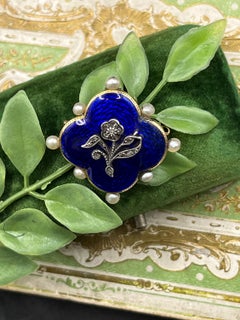 Antique 15ct Yellow Gold Edwardian Blue Enamel Diamond & Pearl Brooch Circa 1905