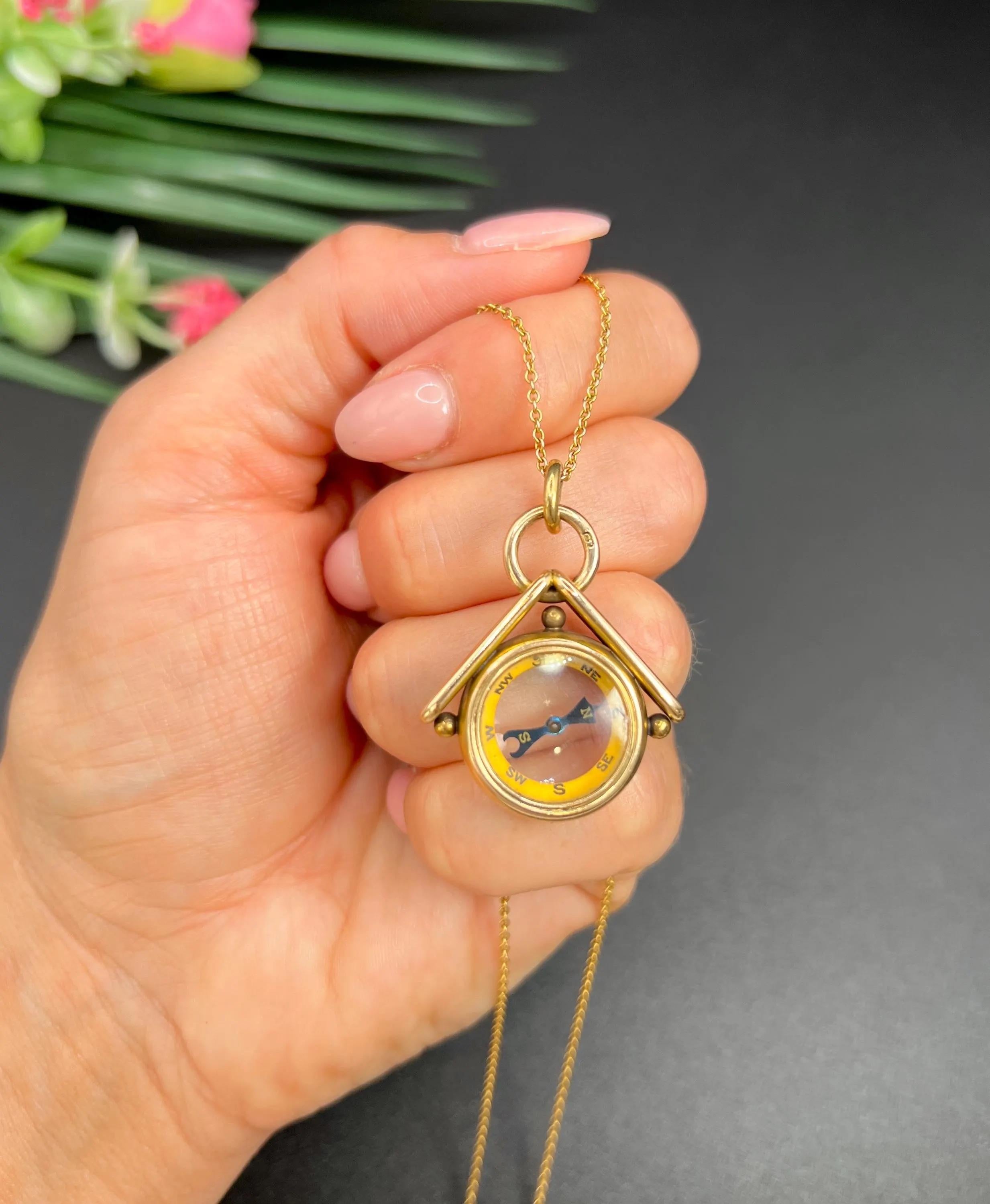 da uomo o donna Ciondolo antico in oro giallo 15ct, bussola edoardiana in vendita