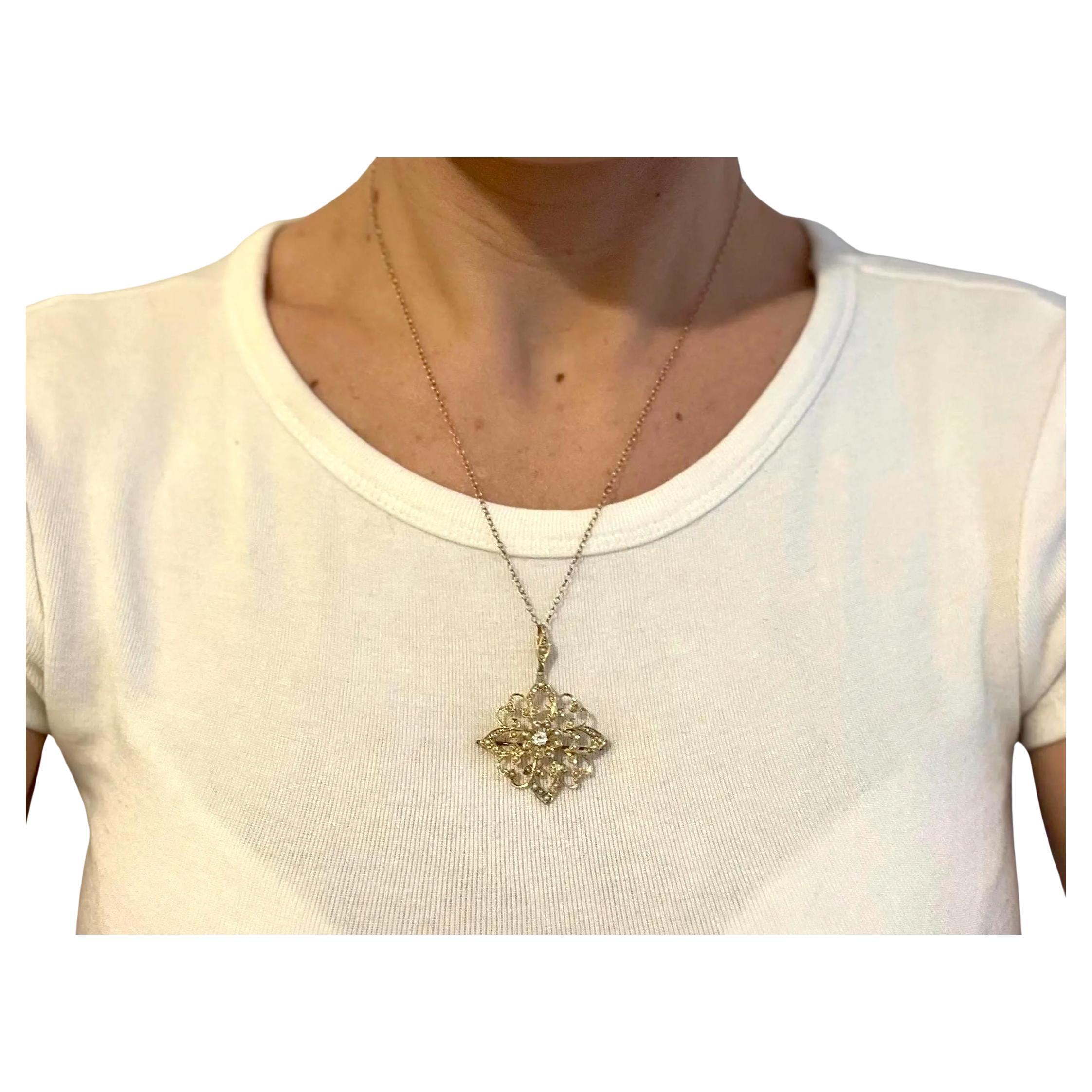 Antique 15ct Yellow Gold, Edwardian Diamond 
Seed Pearl Pendant / Brooch