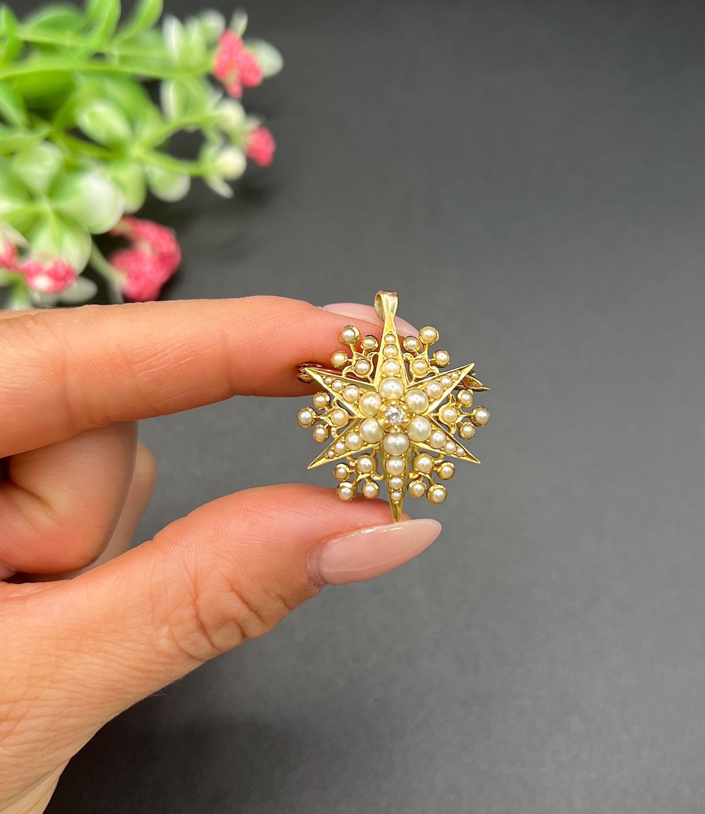 Antiguo Colgante / Broche Estrella Edwardiano de Oro Amarillo de 15 ct, Diamantes y Perlas de Siembra en venta 4