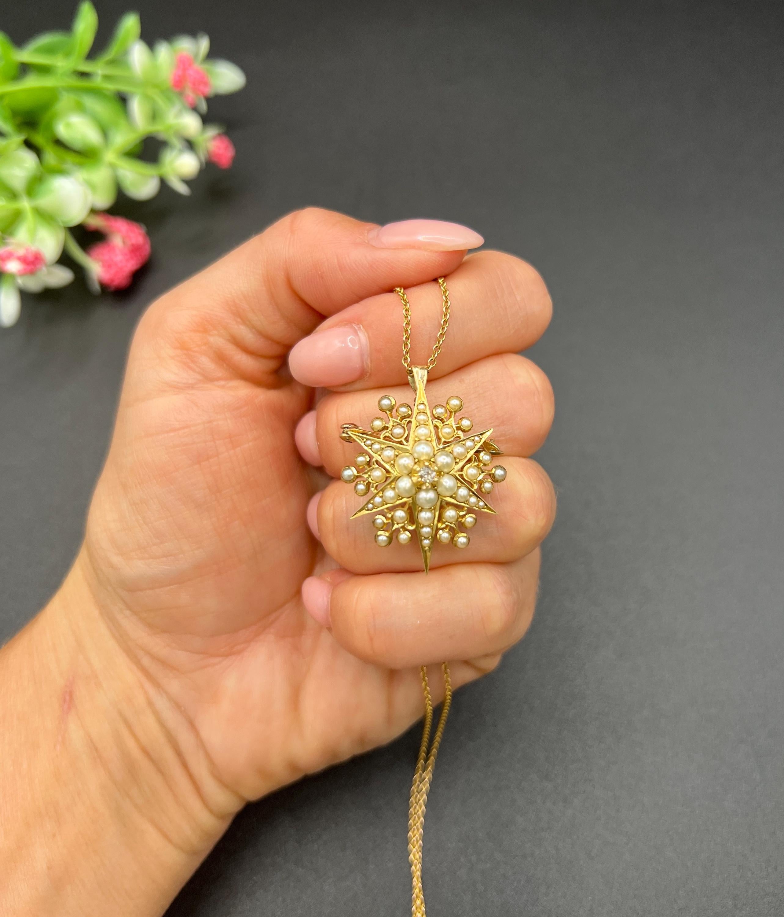 Antiguo Colgante / Broche Estrella Edwardiano de Oro Amarillo de 15 ct, Diamantes y Perlas de Siembra Corte redondo en venta