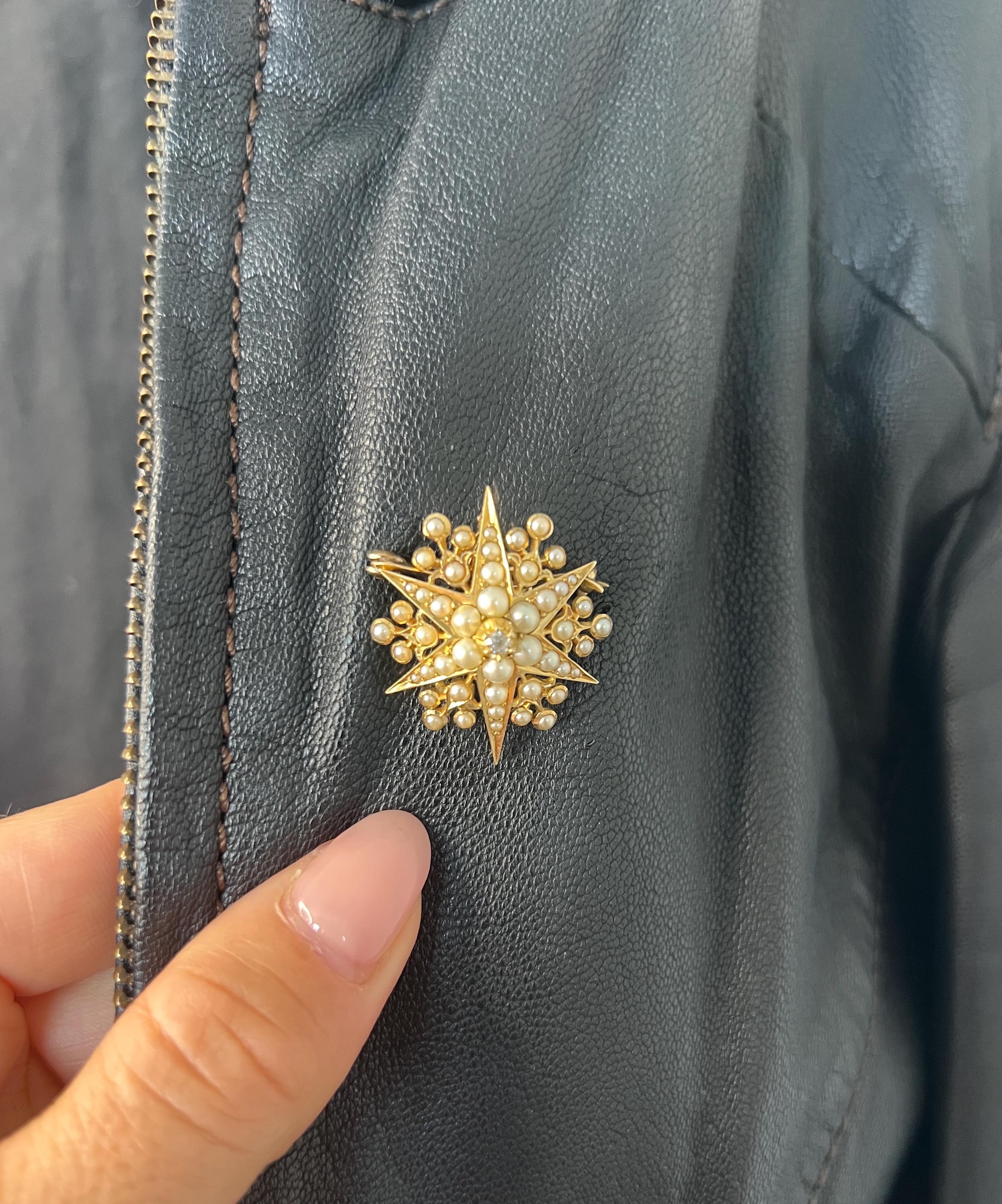 Antiguo Colgante / Broche Estrella Edwardiano de Oro Amarillo de 15 ct, Diamantes y Perlas de Siembra en Bueno estado para la venta en Brighton, GB
