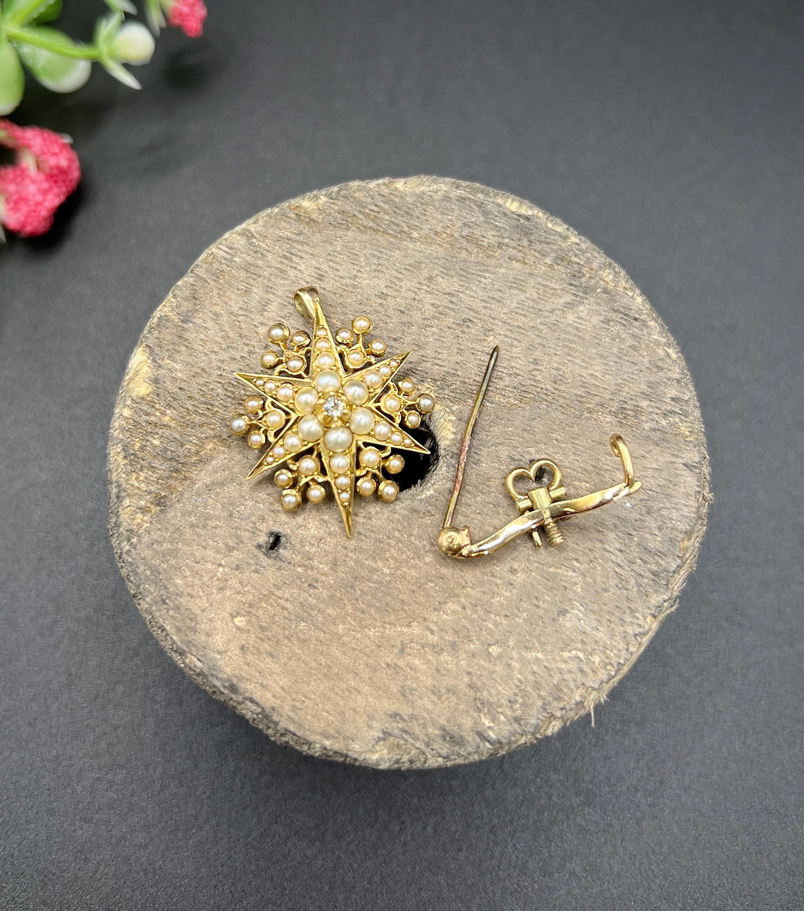 Antiguo Colgante / Broche Estrella Edwardiano de Oro Amarillo de 15 ct, Diamantes y Perlas de Siembra en venta 3