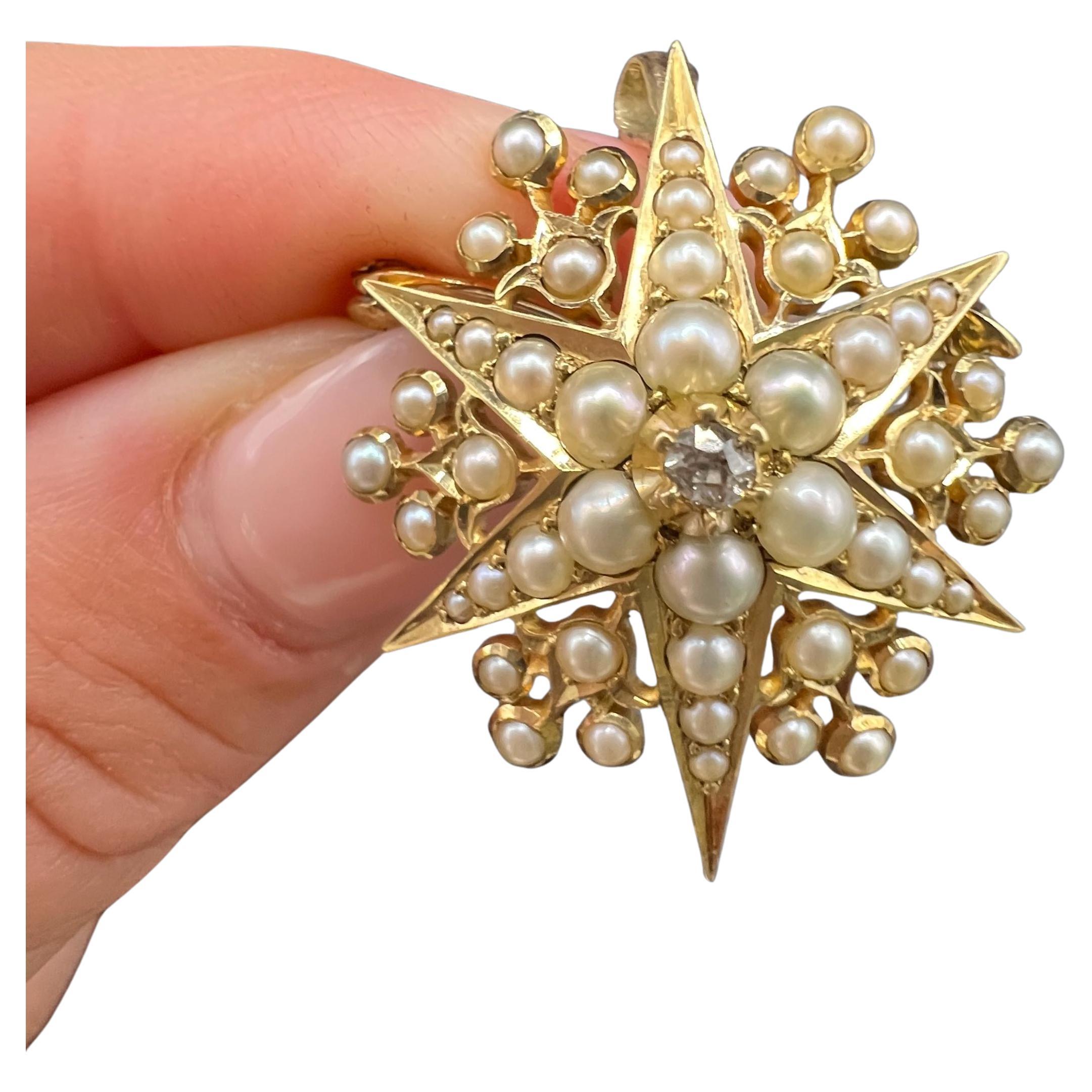 Antike 15ct Gelbgold, Edwardian Diamant & Seed Pearl Star Anhänger / Brosche