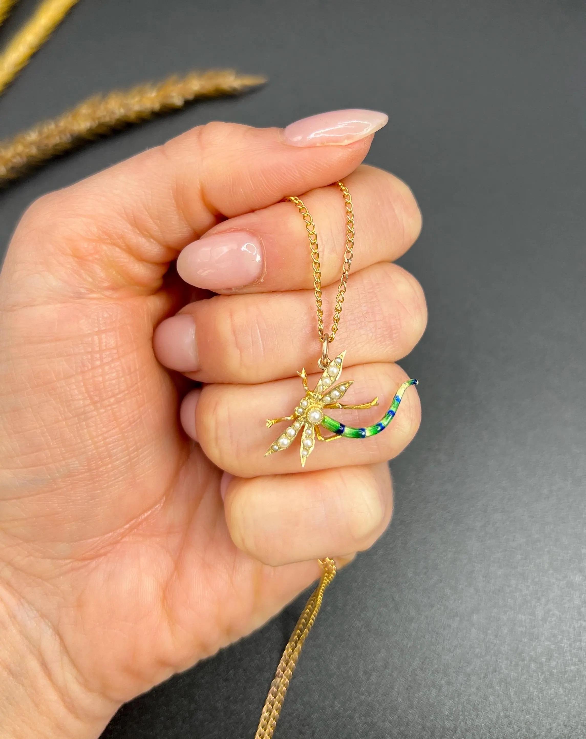 Round Cut Antique 15ct Yellow Gold, Edwardian Enamel & Pearl Dragonfly Pendant Necklace