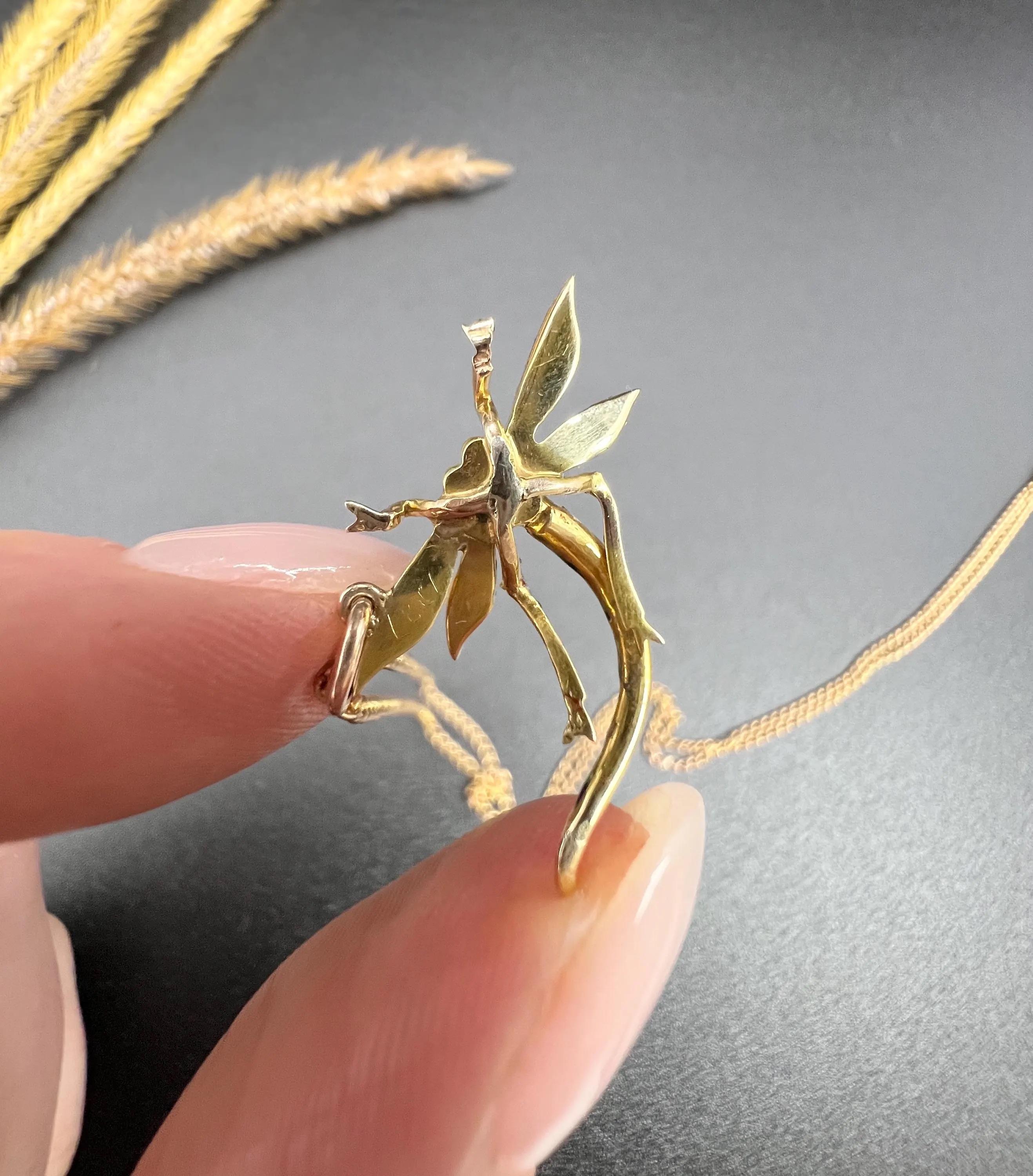 Women's or Men's Antique 15ct Yellow Gold, Edwardian Enamel & Pearl Dragonfly Pendant Necklace
