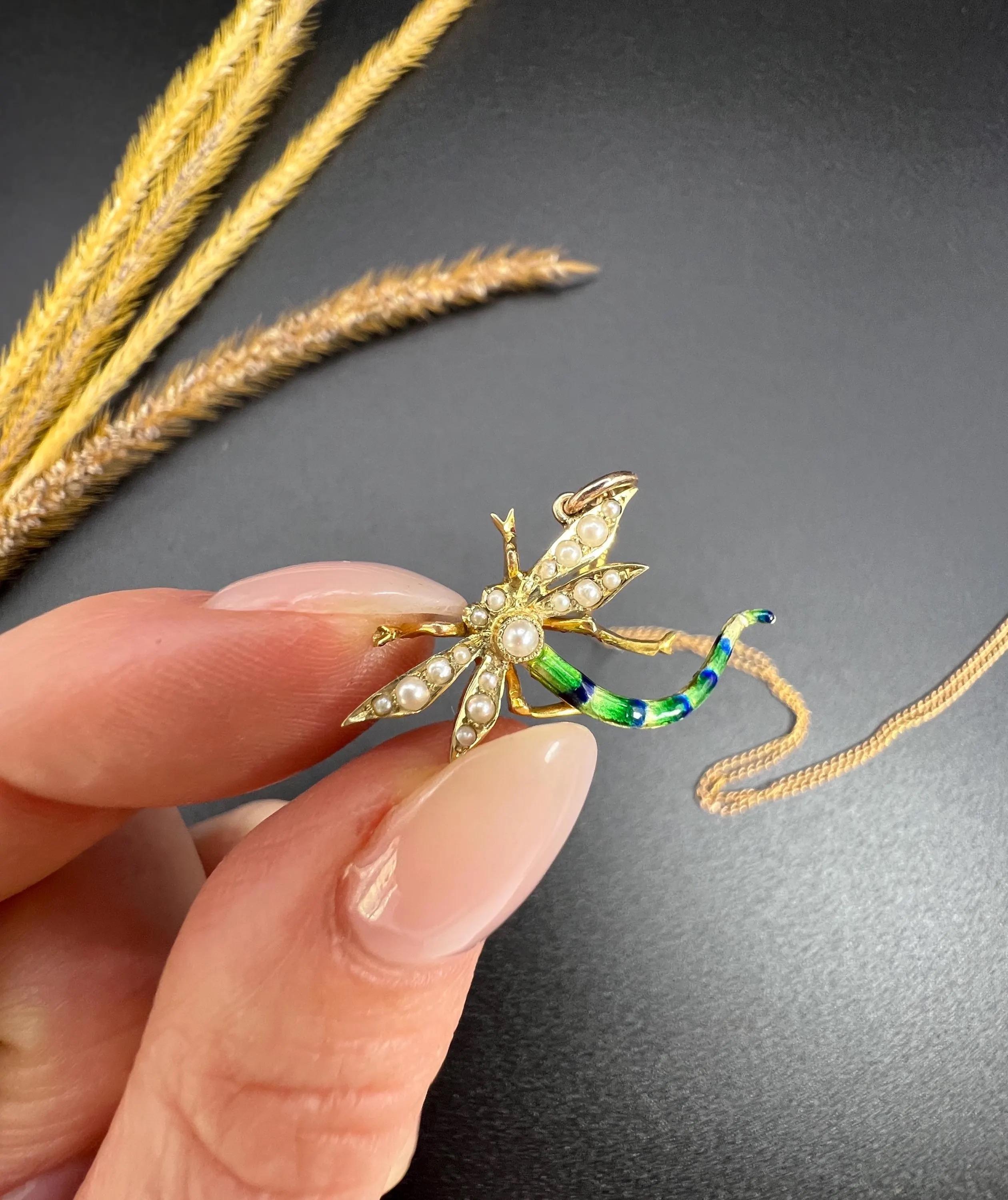 Antique 15ct Yellow Gold, Edwardian Enamel & Pearl Dragonfly Pendant Necklace 1