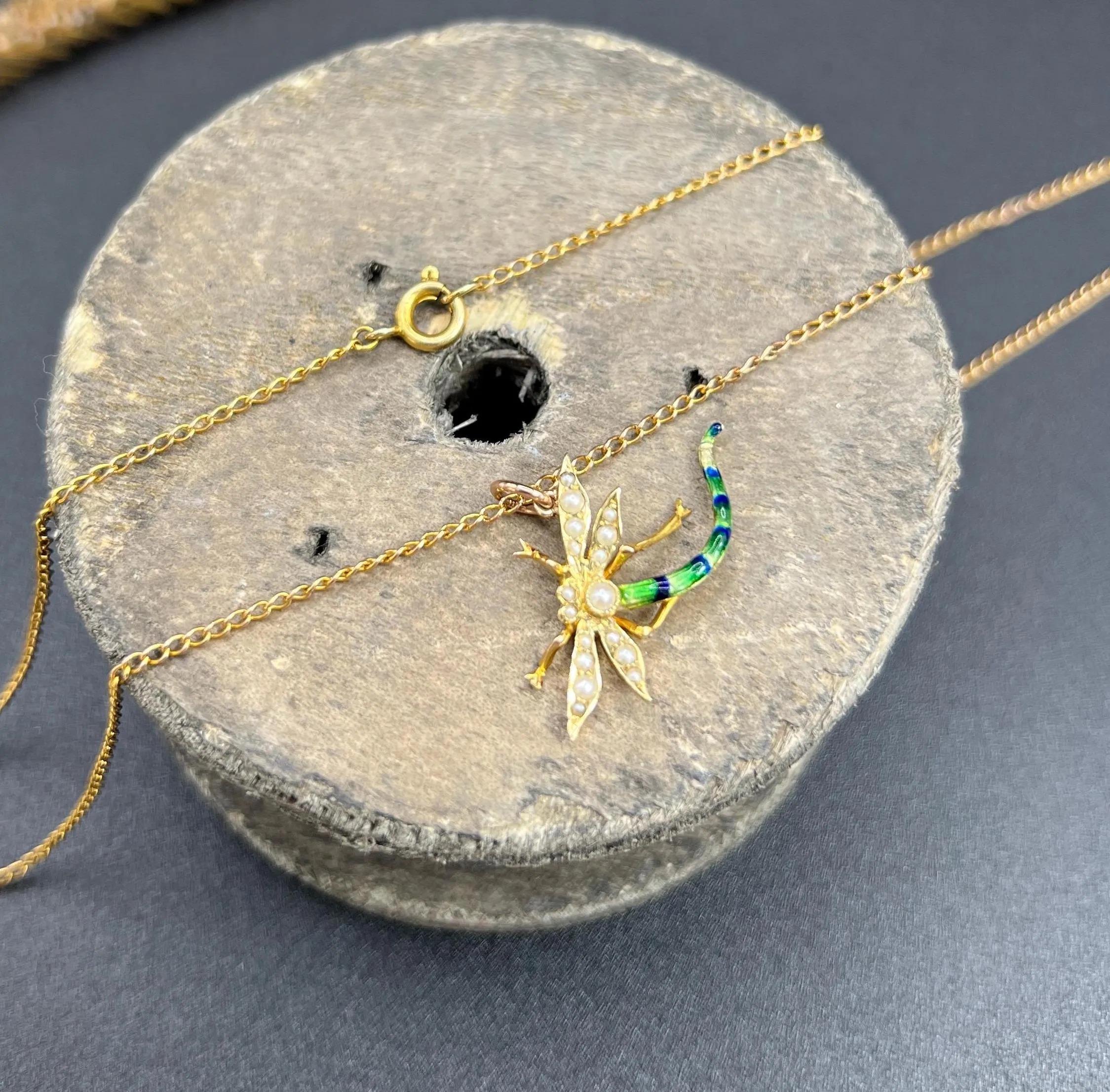Antique 15ct Yellow Gold, Edwardian Enamel & Pearl Dragonfly Pendant Necklace 3