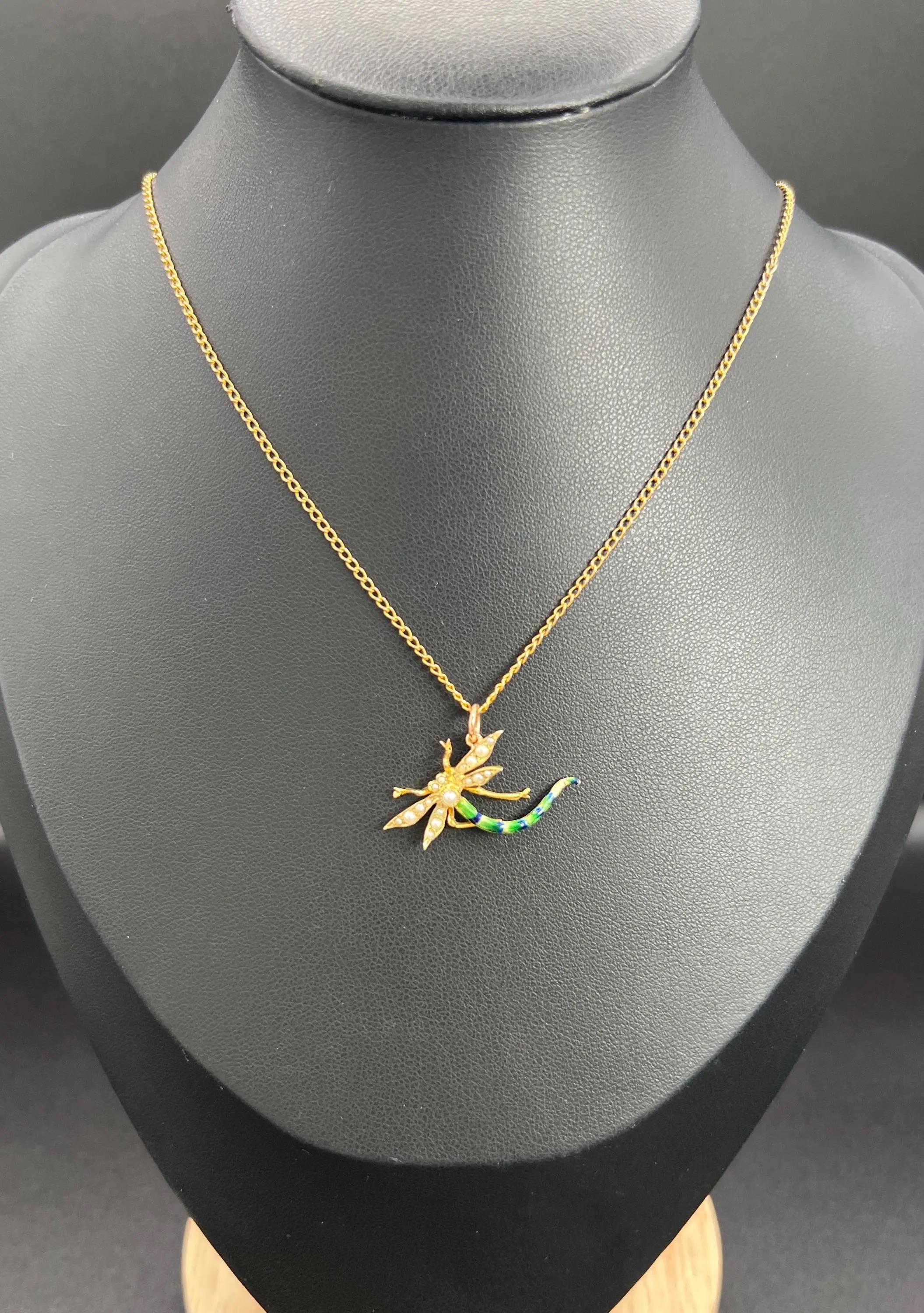 Antique 15ct Yellow Gold, Edwardian Enamel & Pearl Dragonfly Pendant Necklace 4