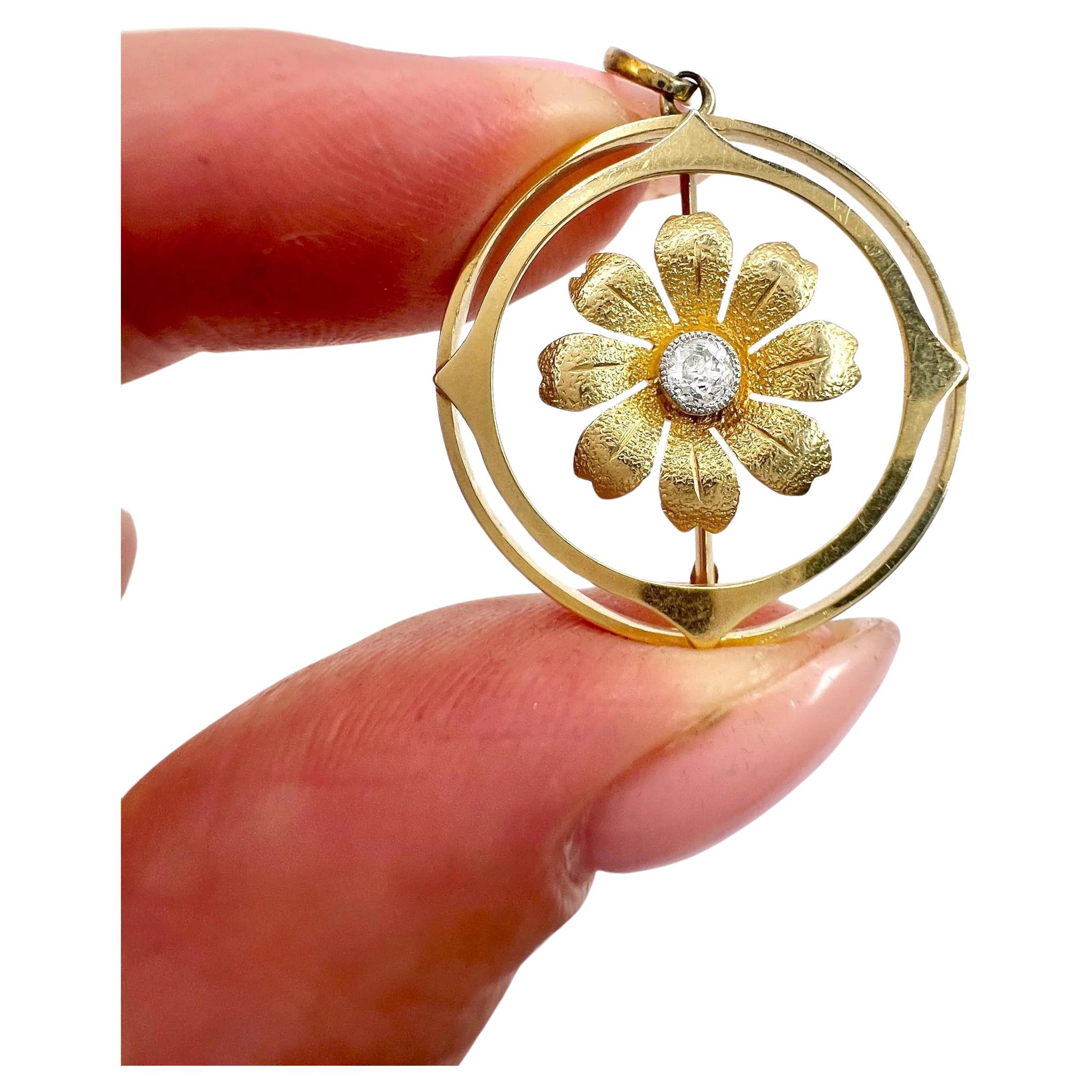 Antique 15ct Yellow Gold, Edwardian era Circular Shaped Diamond Flower Pendant
