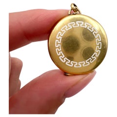 Antique 15ct Yellow Gold, Edwardian era Greek Key White Enamel Round Locket