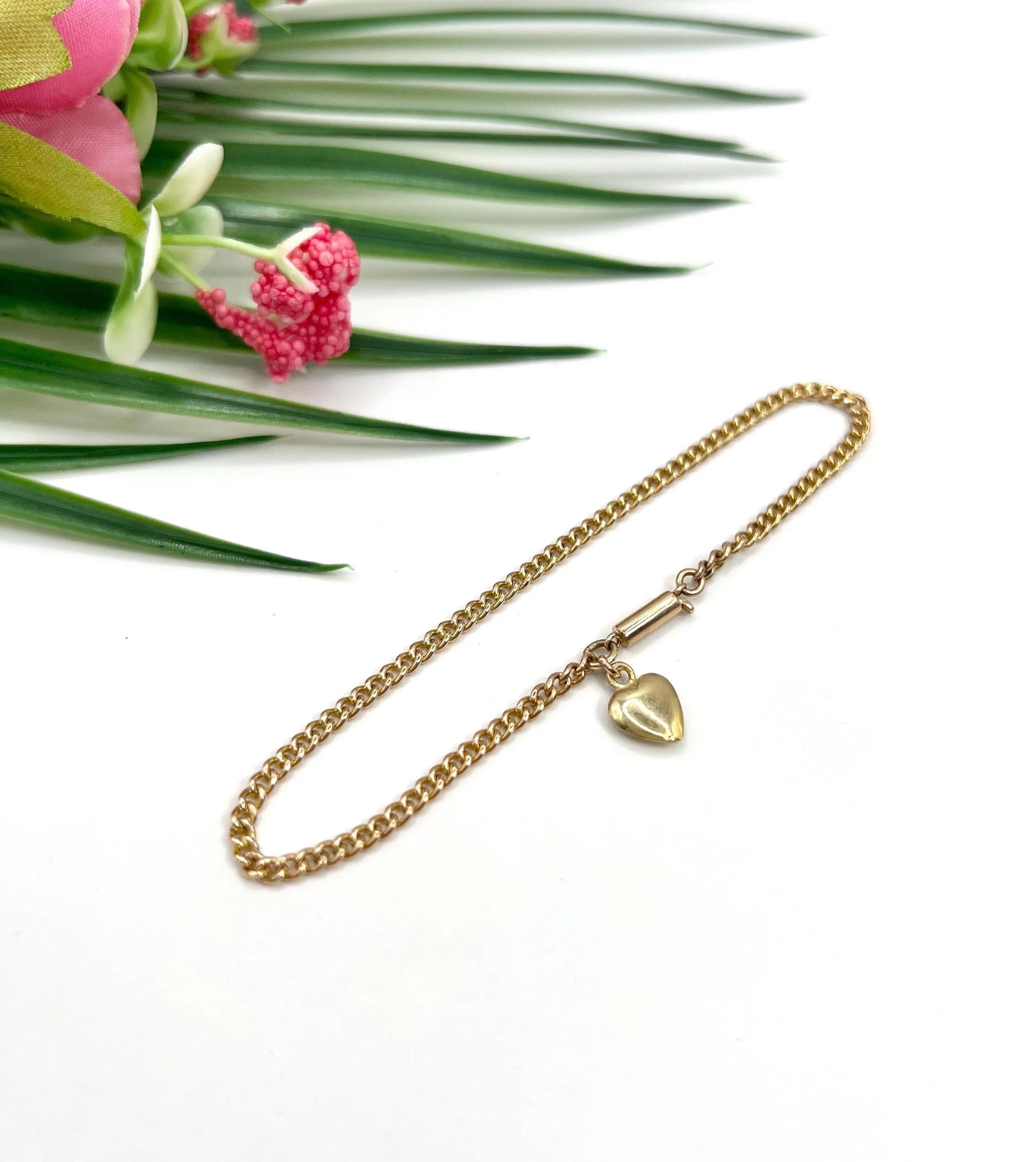 Pulsera antigua de oro amarillo de 15 ct, Edwardian Fine Curb Link Heart Charm Bracelet Eduardiano
