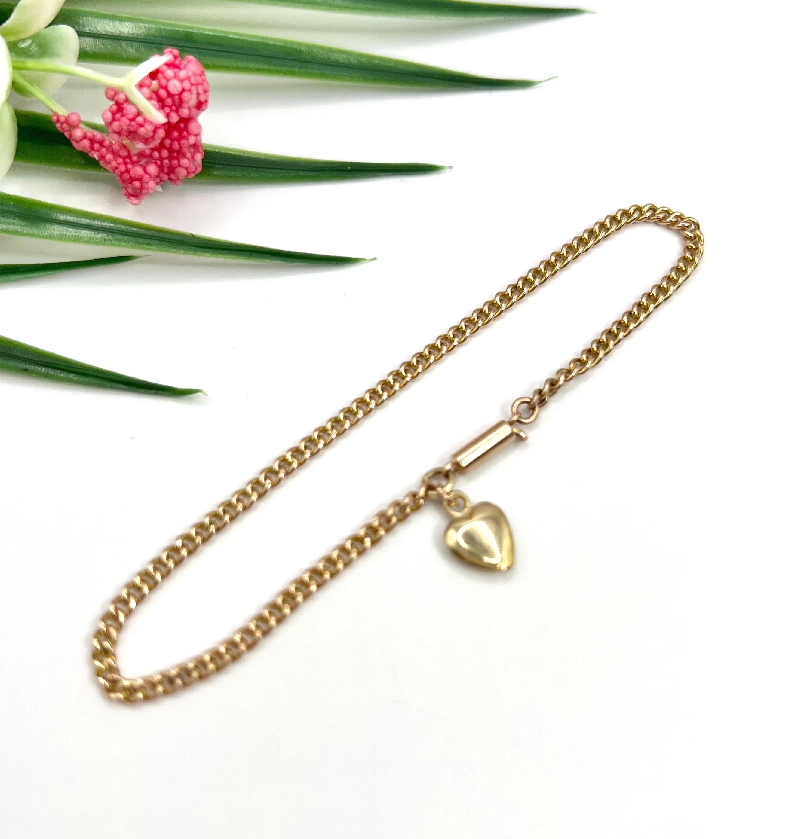 Pulsera antigua de oro amarillo de 15 ct, Edwardian Fine Curb Link Heart Charm Bracelet 2