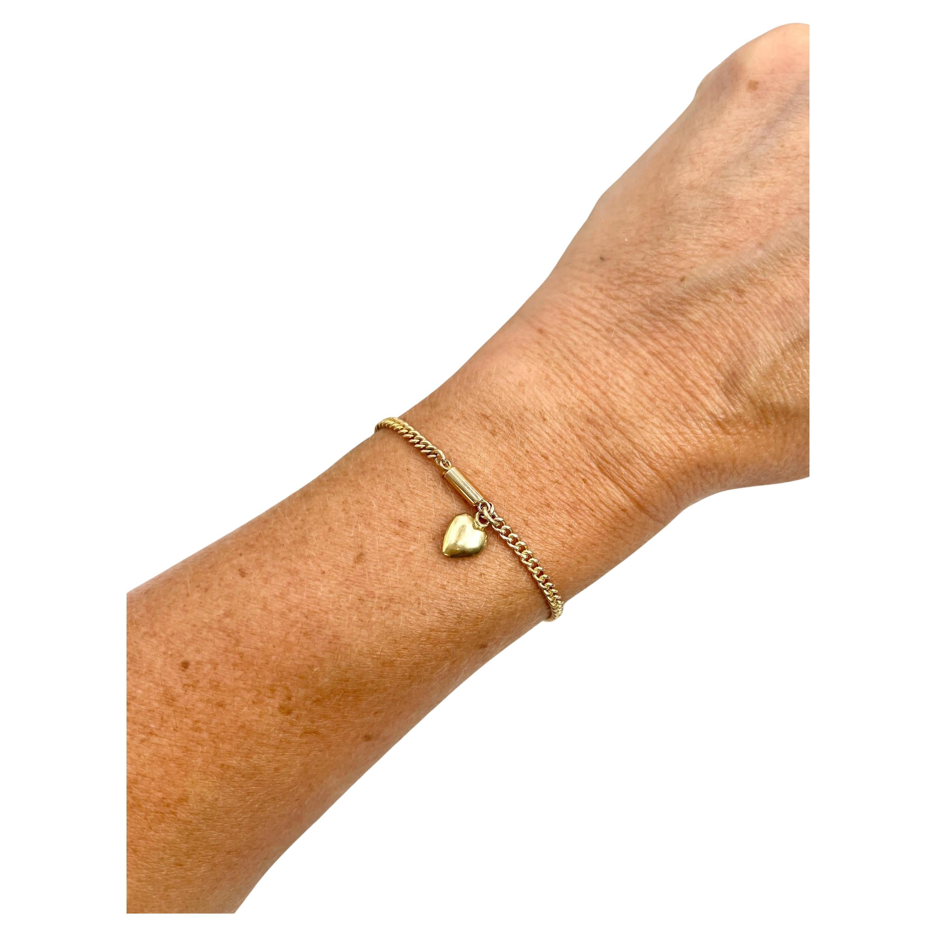 Pulsera antigua de oro amarillo de 15 ct, Edwardian Fine Curb Link Heart Charm Bracelet