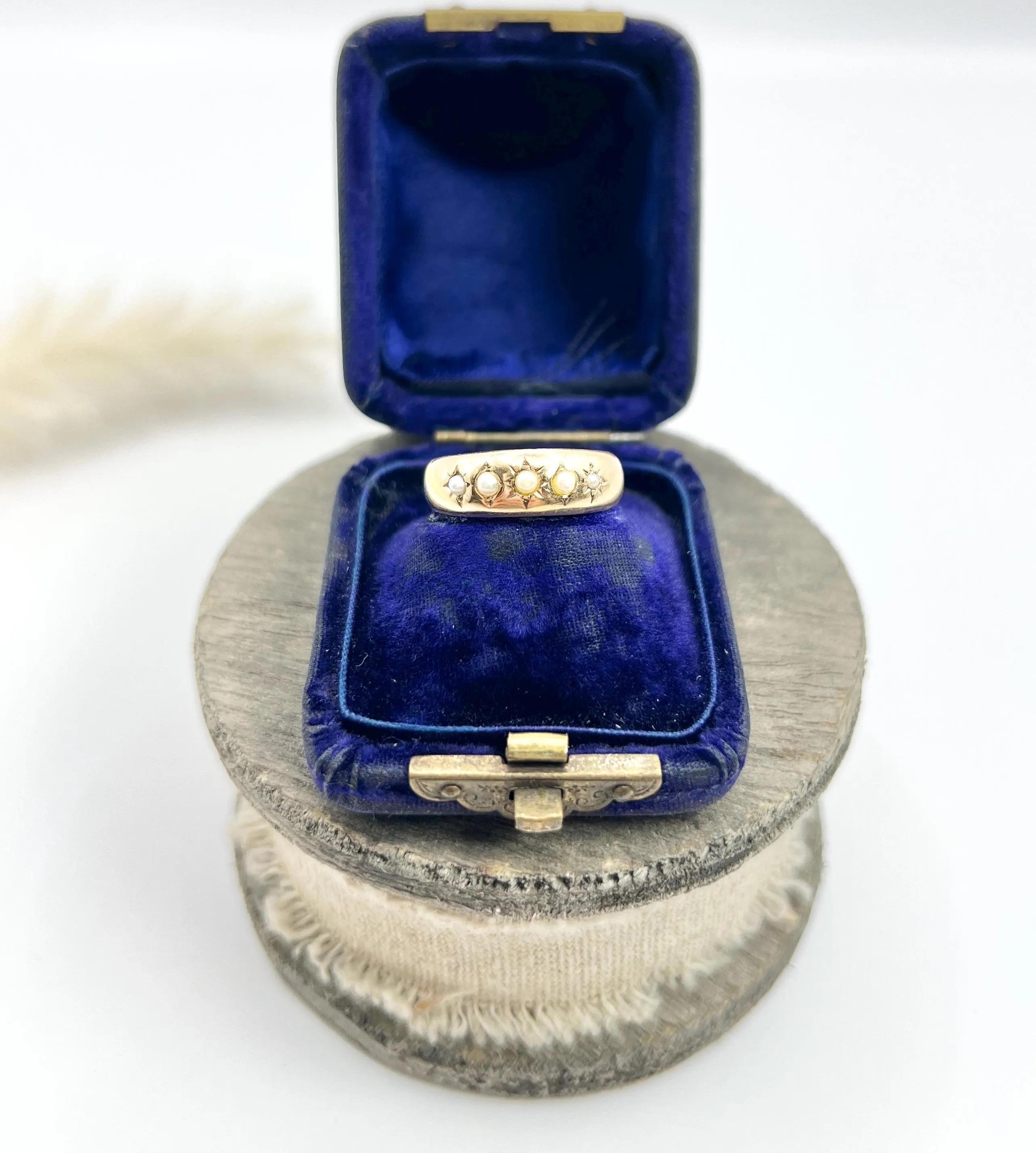 Antique 15ct Yellow Gold, Edwardian Five Stone Pearl Band Ring 5