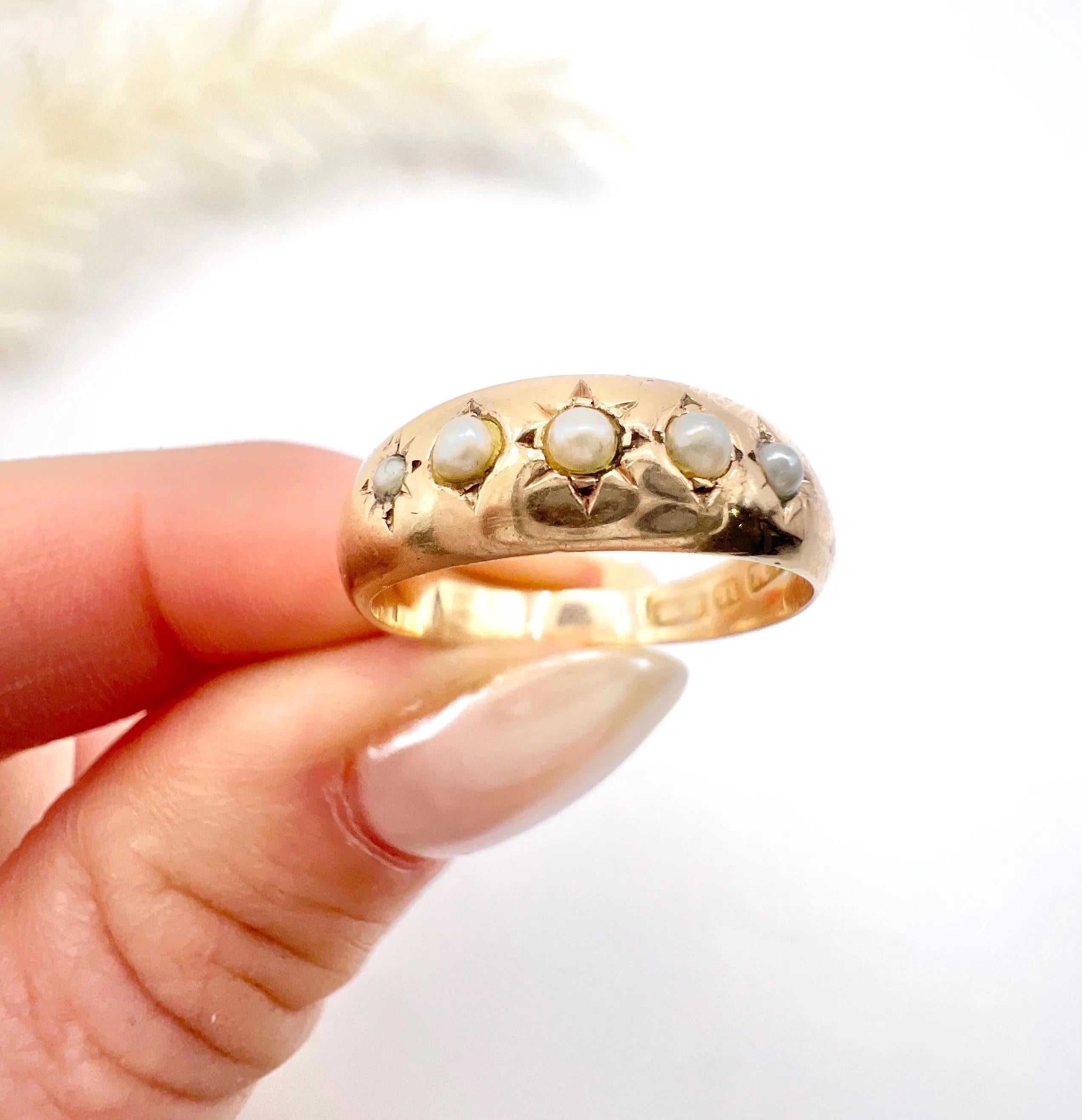 Antique 15ct Yellow Gold, Edwardian Five Stone Pearl Band Ring 6