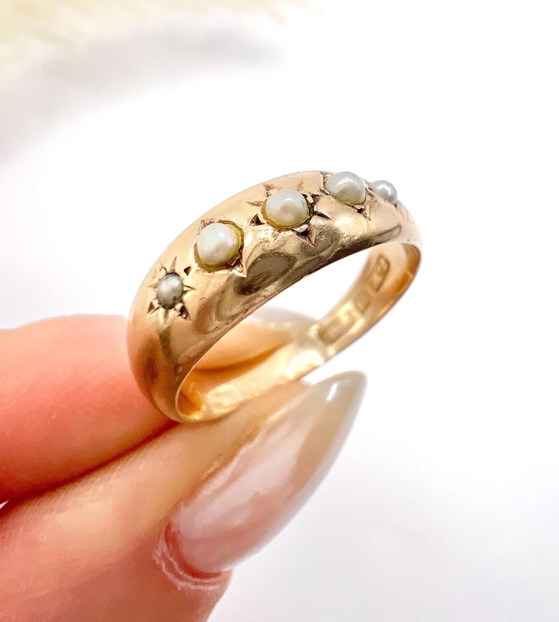 Antique 15ct Yellow Gold, Edwardian Five Stone Pearl Band Ring 1