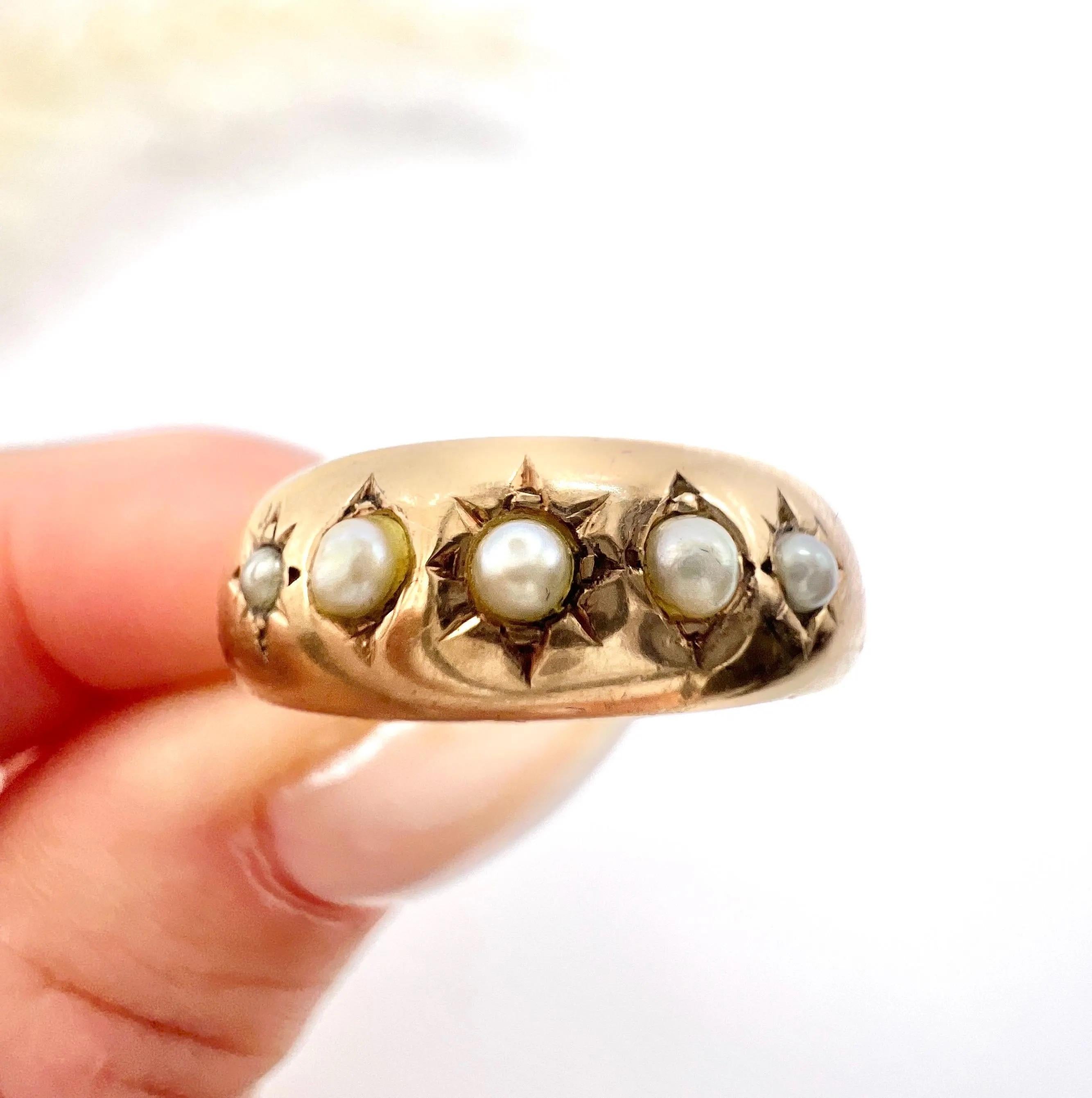 Antique 15ct Yellow Gold, Edwardian Five Stone Pearl Band Ring 2