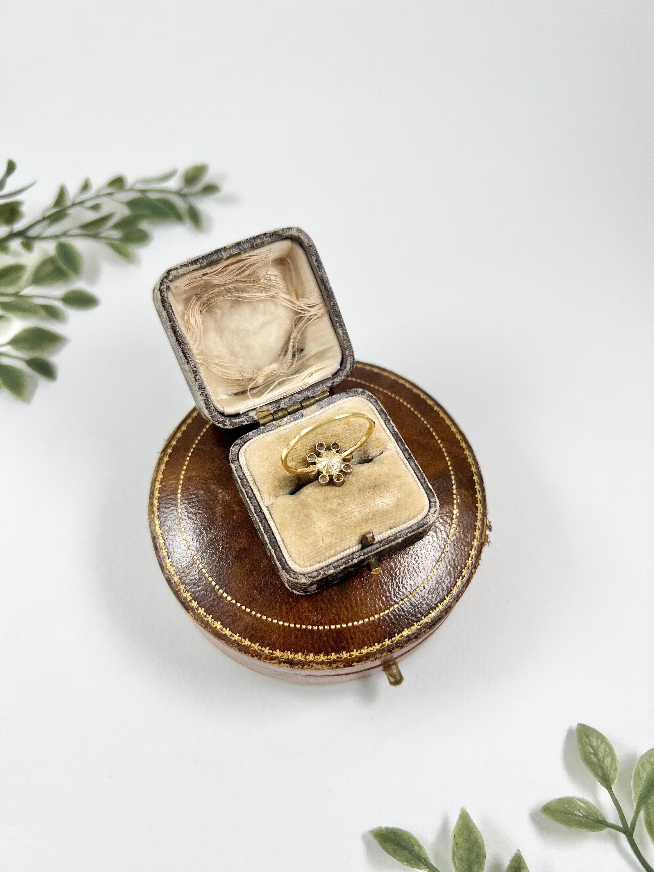 Antique Daisy Cluster Ring 

15ct Gold Tested 

Circa 1910

Introducing a stunning 15ct gold Edwardian daisy ring, showcasing a centre natural pearl delicately framed with a halo of eight rose-cut diamonds. This elegant piece exudes timeless beauty