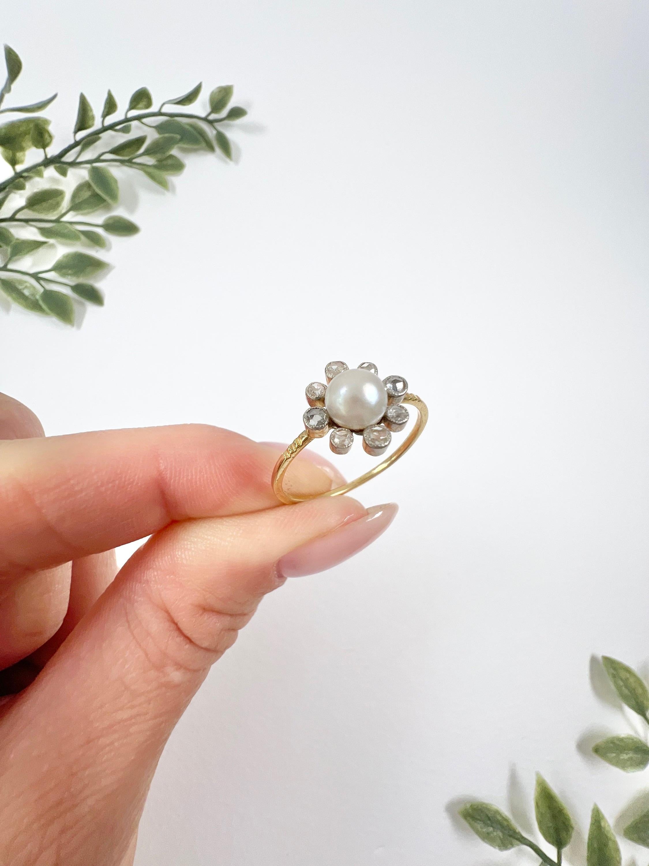 Rose Cut Antique 15ct Yellow Gold, Edwardian Pearl & Diamond Daisy Cluster Ring For Sale