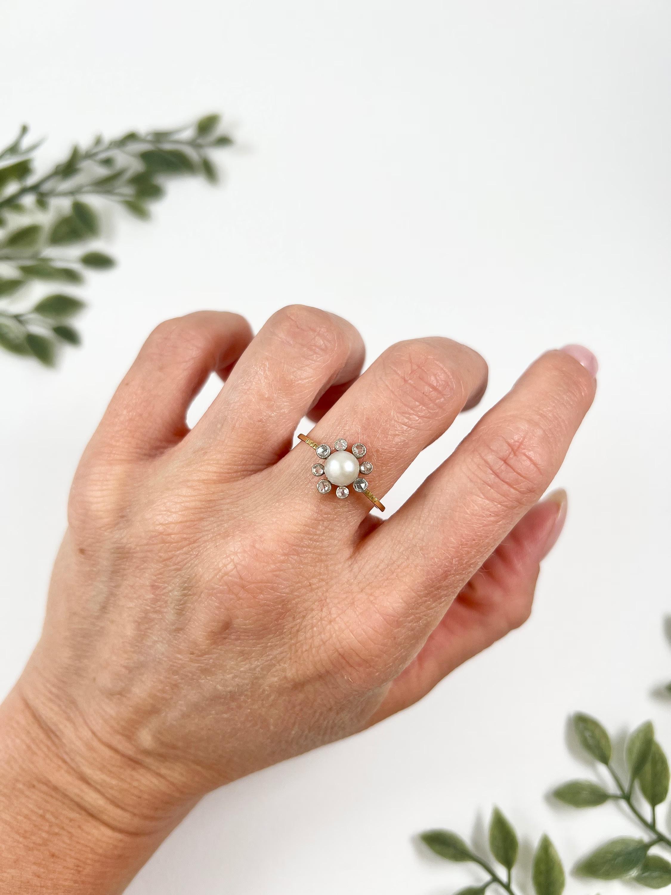 Antique 15ct Yellow Gold, Edwardian Pearl & Diamond Daisy Cluster Ring For Sale 2