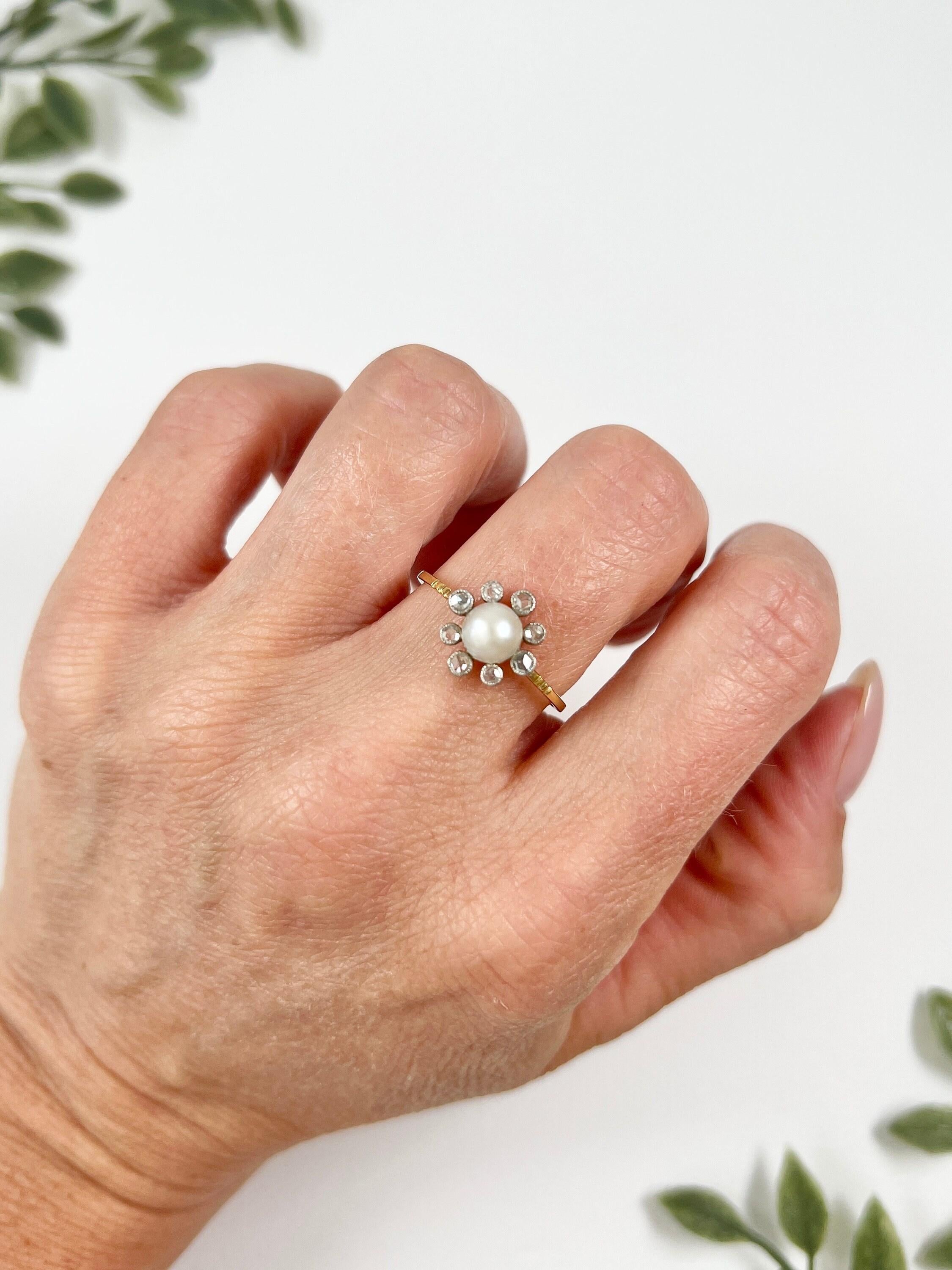 Antique 15ct Yellow Gold, Edwardian Pearl & Diamond Daisy Cluster Ring For Sale 3