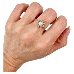 Antique 15ct Yellow Gold, Edwardian Pearl & Diamond Daisy Cluster Ring