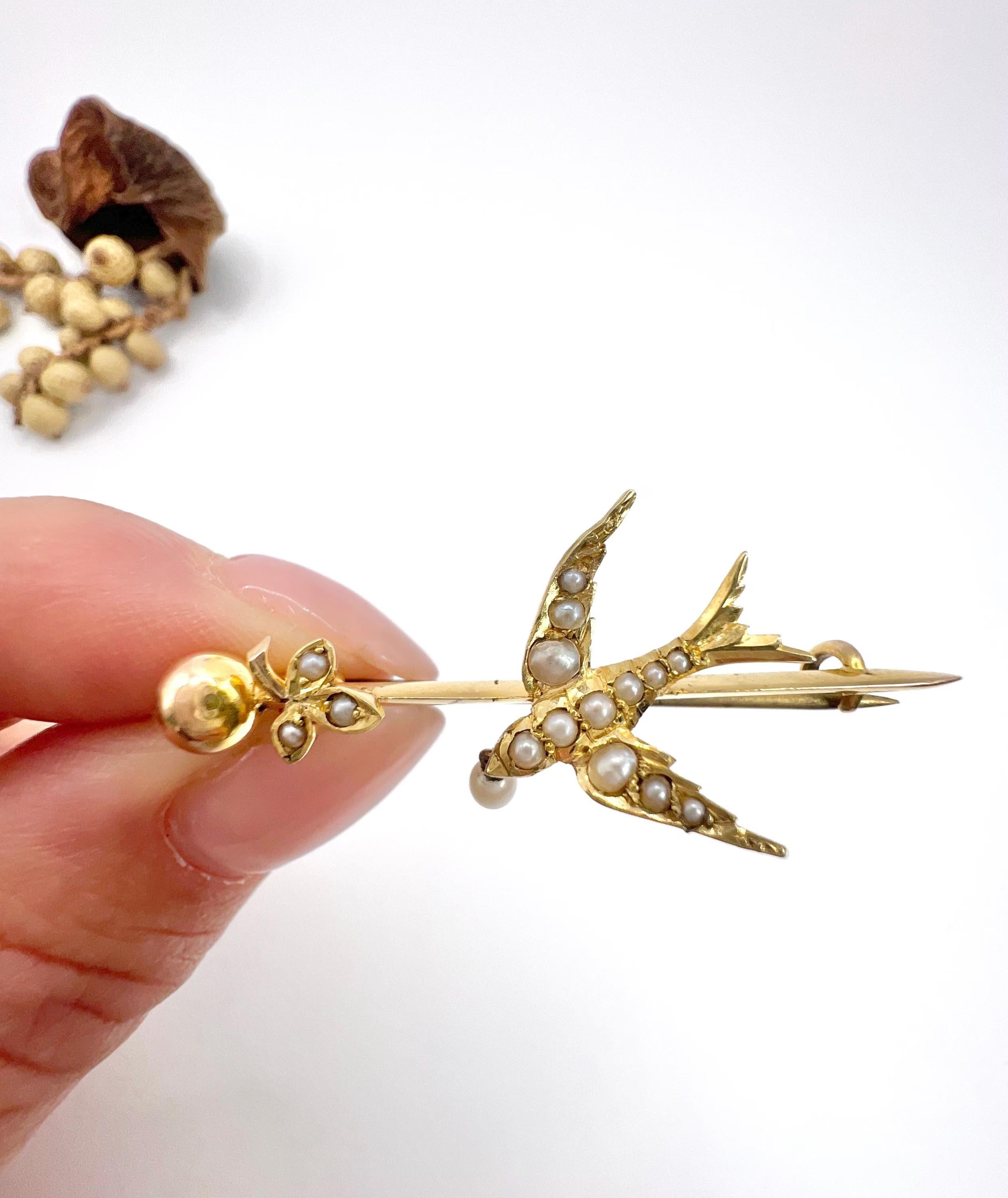 Antique 15ct Yellow Gold, Edwardian Pearl Swallow Brooch 1
