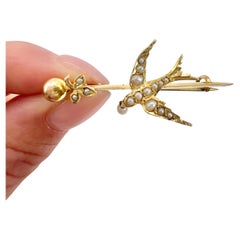 Antique 15ct Yellow Gold, Edwardian Pearl Swallow Brooch