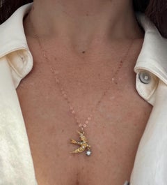 Antique 15ct Yellow Gold, Edwardian Pearl Swallow Pendant Necklace with Diamond