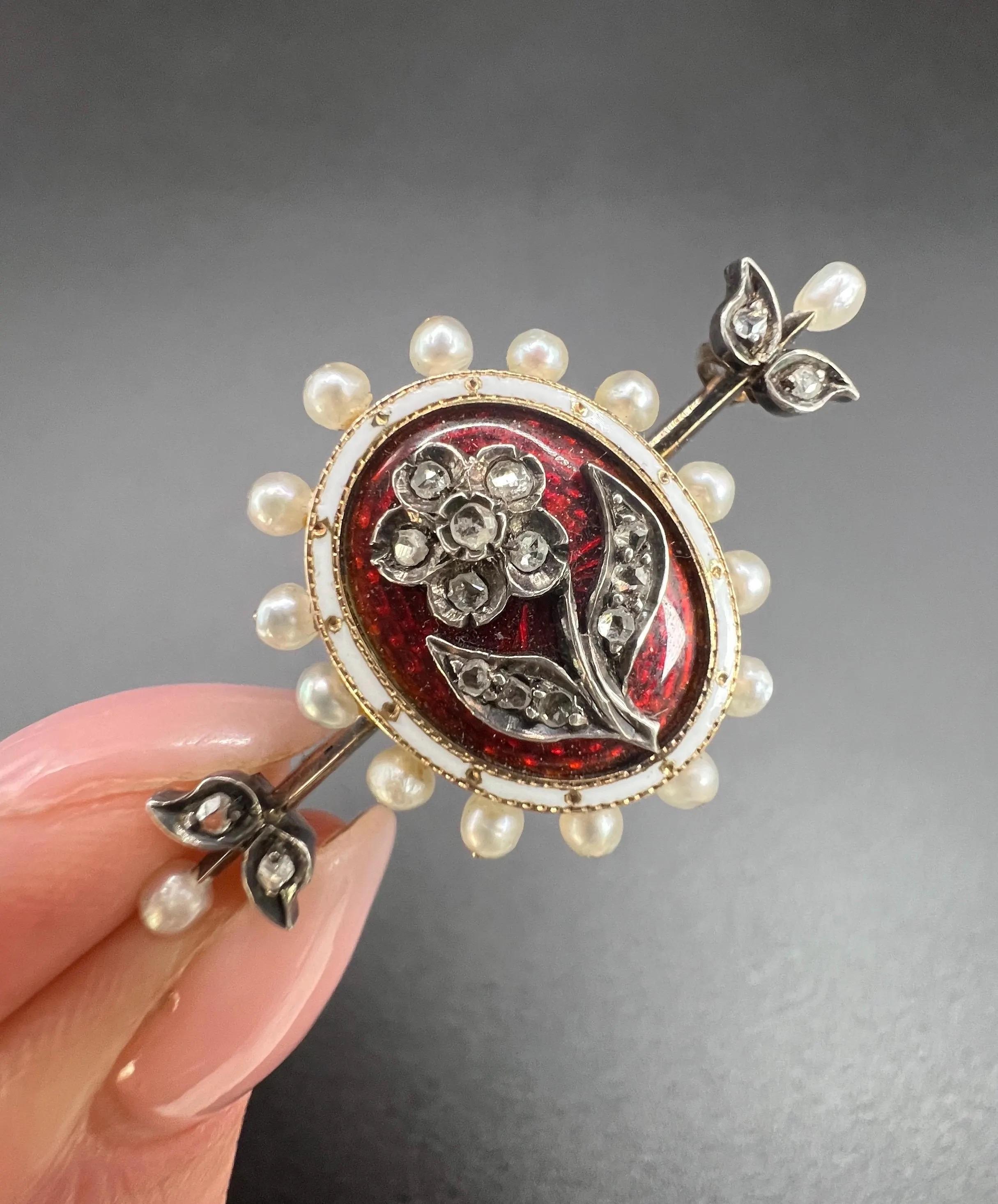 Antike 15 Karat Gelbgold Edwardianische Rote Emaille Diamant & Saatperlen-Blumenbrosche im Angebot 5