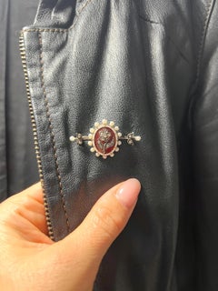 Antique 15ct Yellow Gold Edwardian Red Enamel Diamond & Seed Pearl Flower Brooch