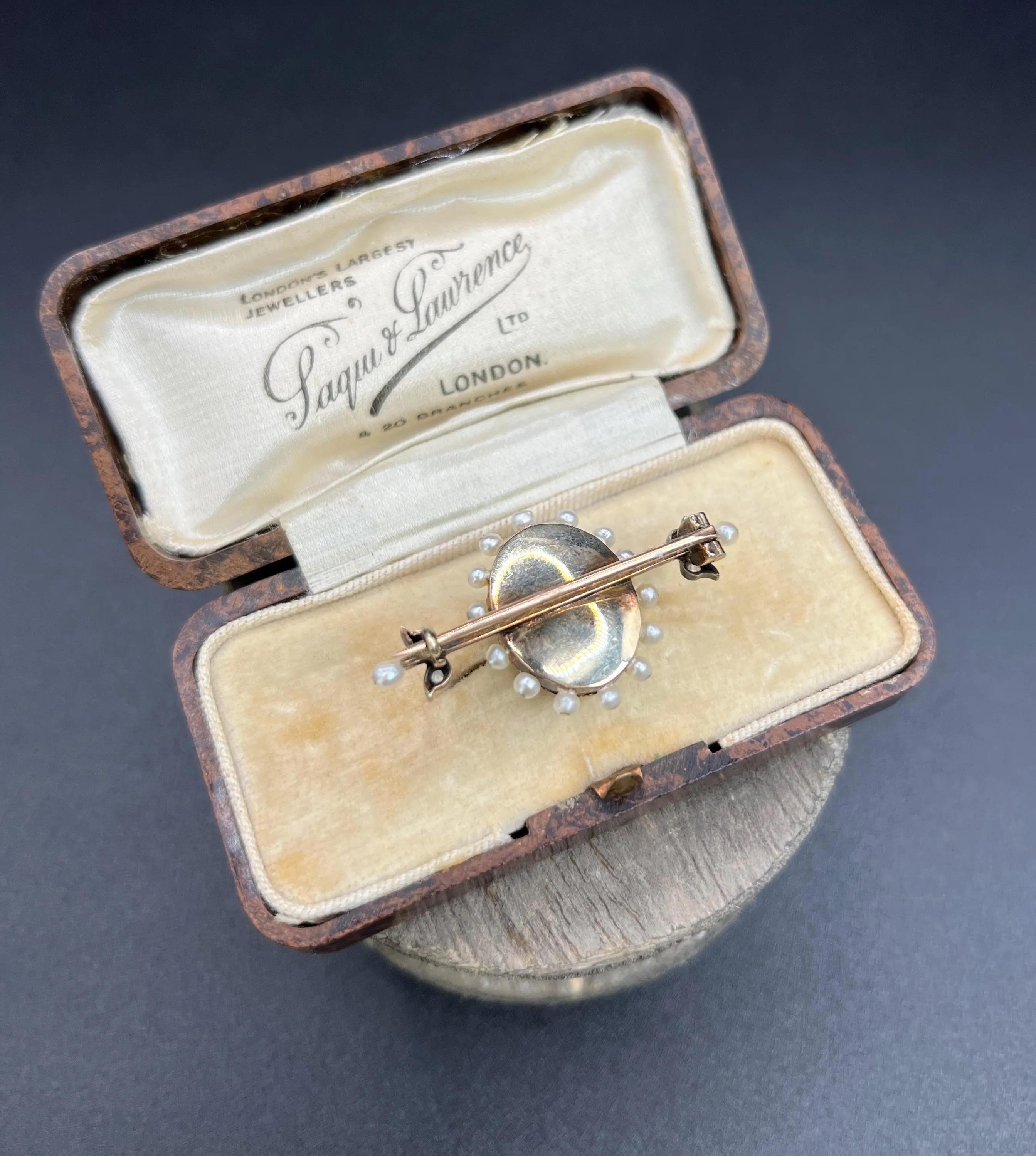 Antike 15 Karat Gelbgold Edwardianische Rote Emaille Diamant & Saatperlen-Blumenbrosche im Angebot 2