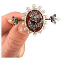 Antique 15ct Yellow Gold Edwardian Red Enamel Diamond & Seed Pearl Flower Brooch