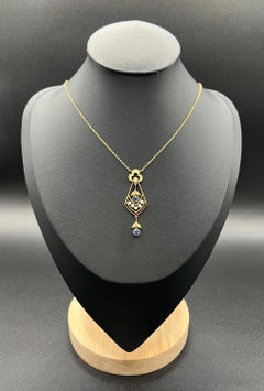 Antique 15ct Yellow Gold, Edwardian Sapphire & Seed Pearl Drop Pendant Necklace