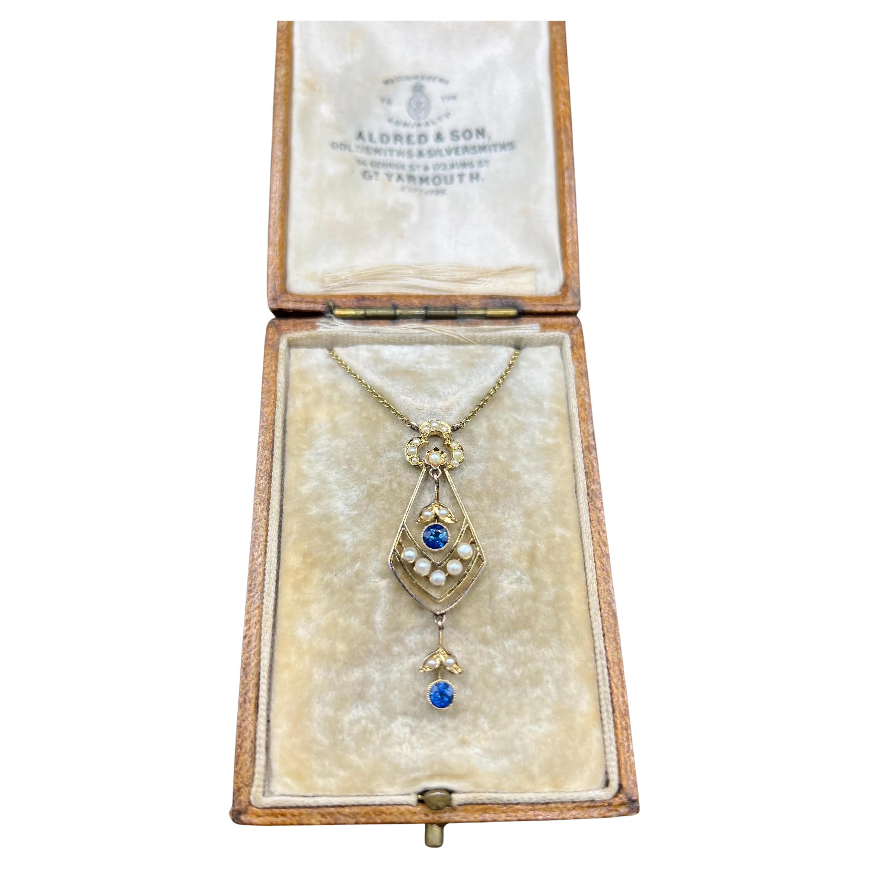 Antique 15ct Yellow Gold, Edwardian Sapphire 
Seed Pearl Drop Pendant Necklace