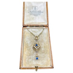 Antique 15ct Yellow Gold, Edwardian Sapphire & Seed Pearl Drop Pendant Necklace