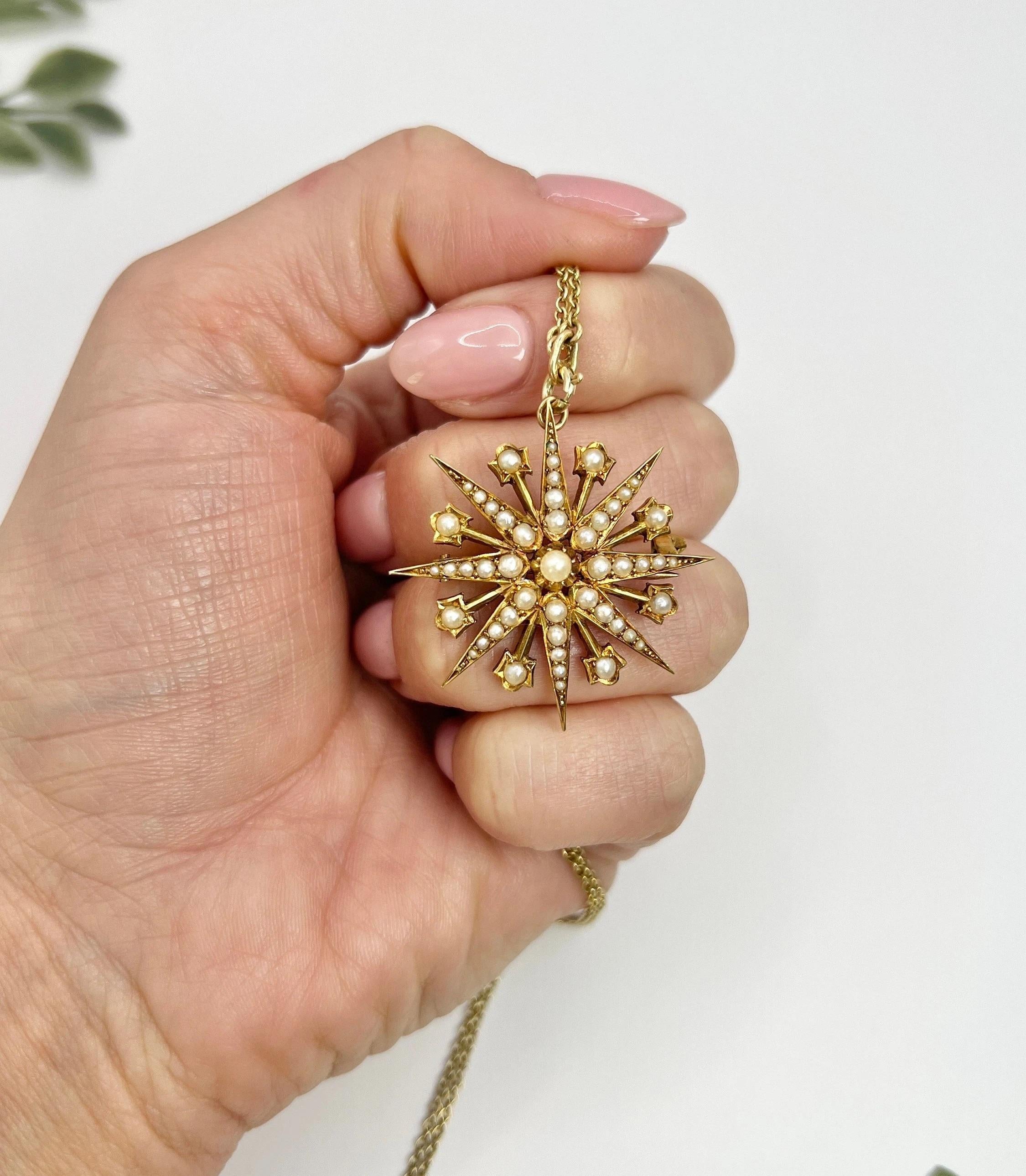 Antique Star Pendant/Brooch

15ct Yellow Gold Stamped

Circa 1900

*THE CHAIN IS SOLD SEPARATELY 

Indulge in the timeless beauty of this stunning 15ct yellow gold Edwardian eight-pointed star. Adorned with magnificent natural seed pearls this piece