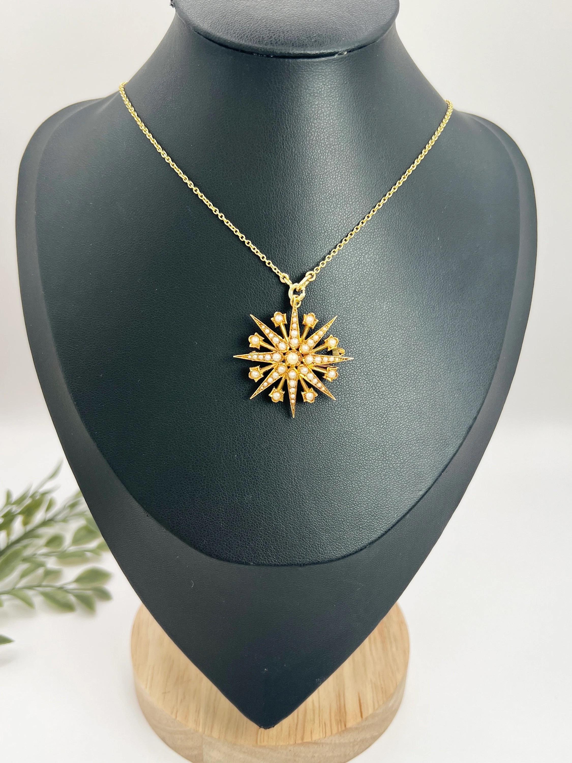 Round Cut Antique 15ct Yellow Gold, Edwardian Seed Pearl Star Pendant / Brooch For Sale
