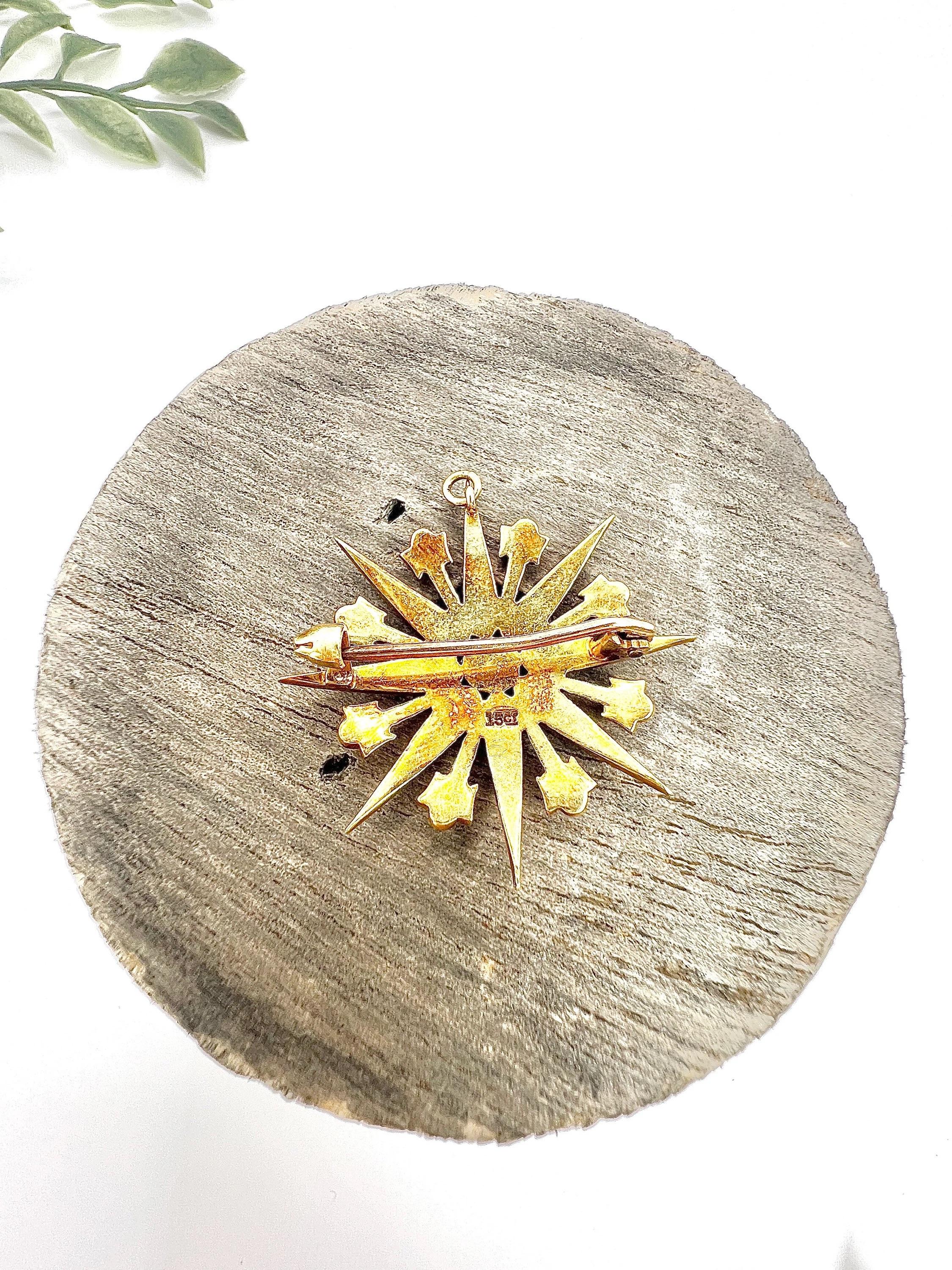 Antique 15ct Yellow Gold, Edwardian Seed Pearl Star Pendant / Brooch In Good Condition For Sale In Brighton, GB