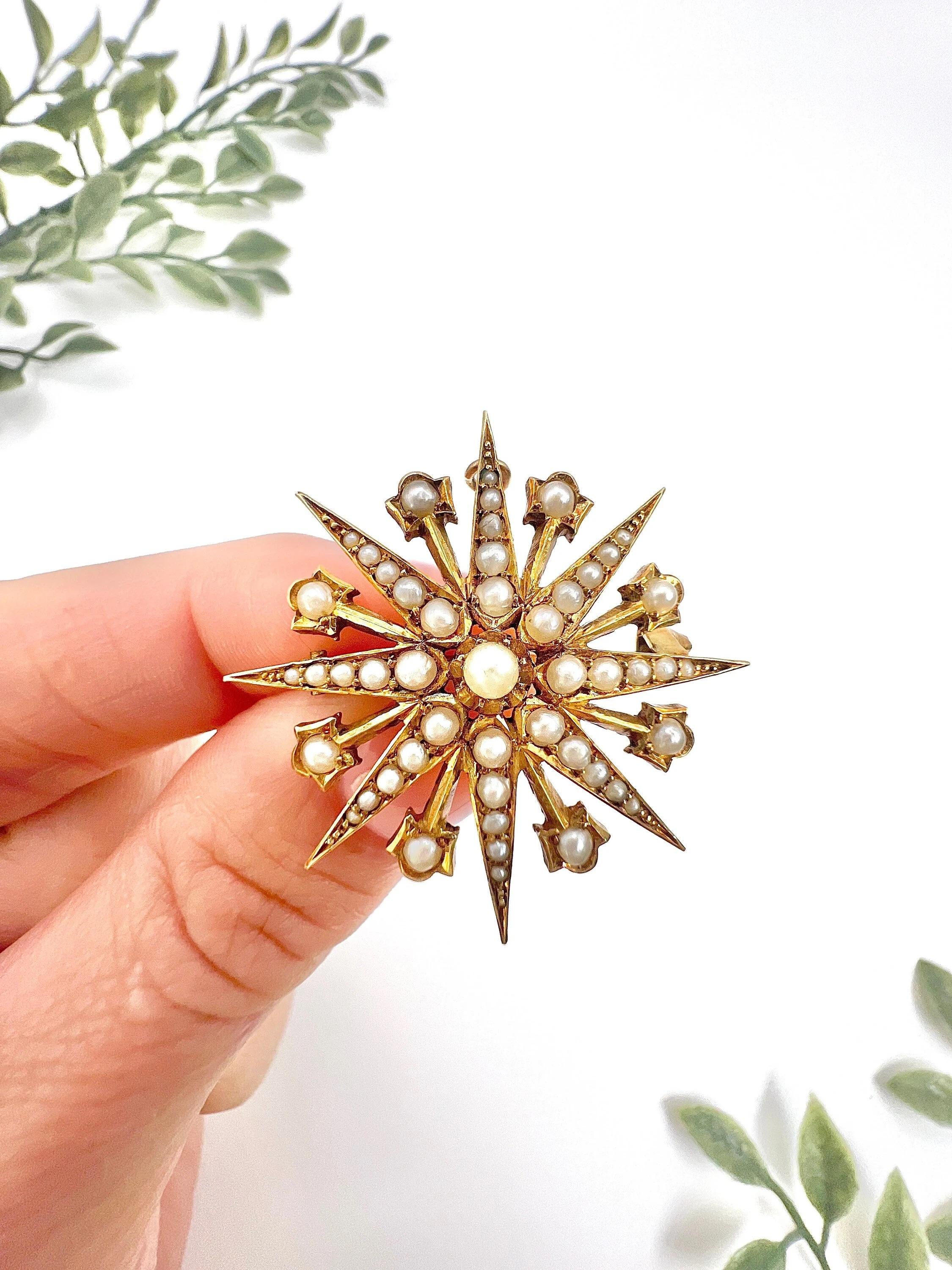 Women's or Men's Antique 15ct Yellow Gold, Edwardian Seed Pearl Star Pendant / Brooch For Sale