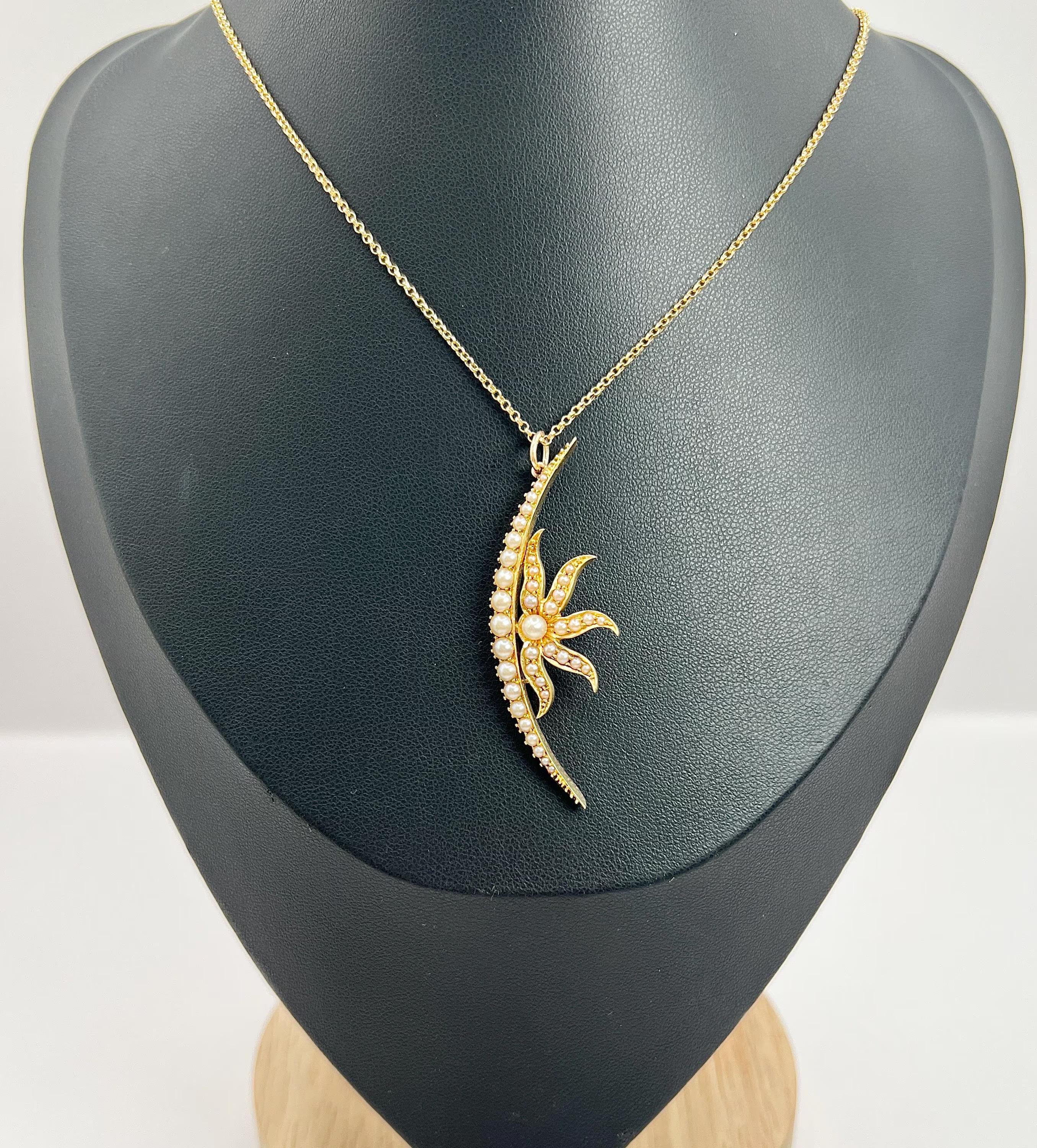 Round Cut Antique 15ct Yellow Gold, Edwardian Seed Pearl Sunburst Crescent Moon Pendant For Sale