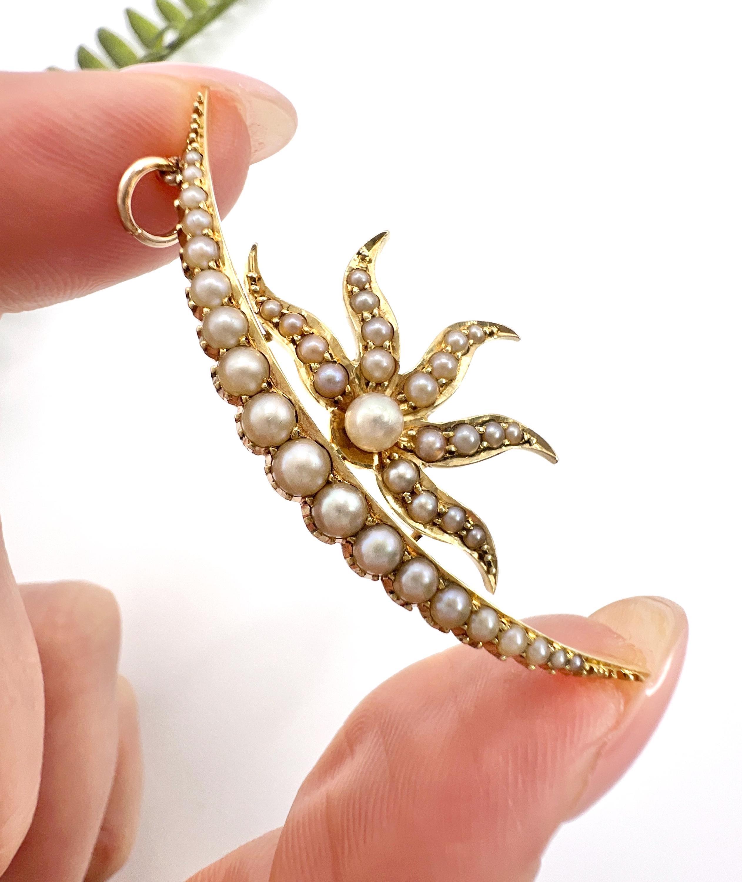 Women's or Men's Antique 15ct Yellow Gold, Edwardian Seed Pearl Sunburst Crescent Moon Pendant For Sale