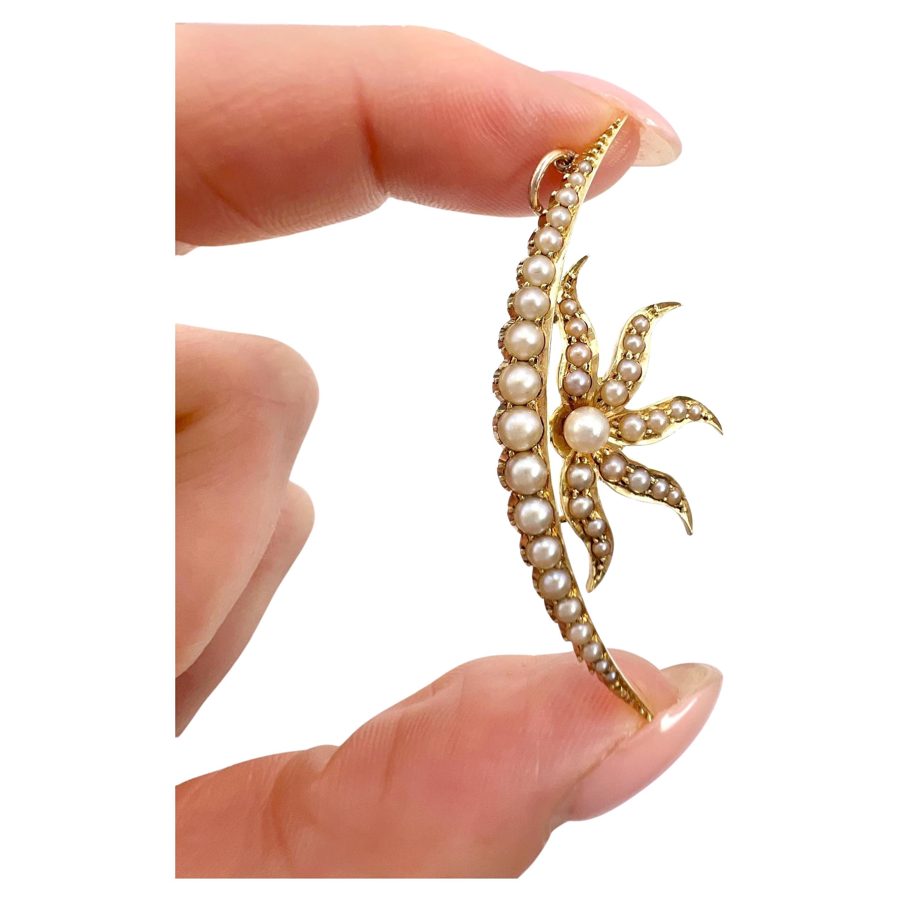 Antique 15ct Yellow Gold, Edwardian Seed Pearl Sunburst Crescent Moon Pendant