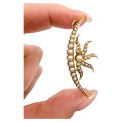 Antique 15ct Yellow Gold, Edwardian Seed Pearl Sunburst Crescent Moon Pendant