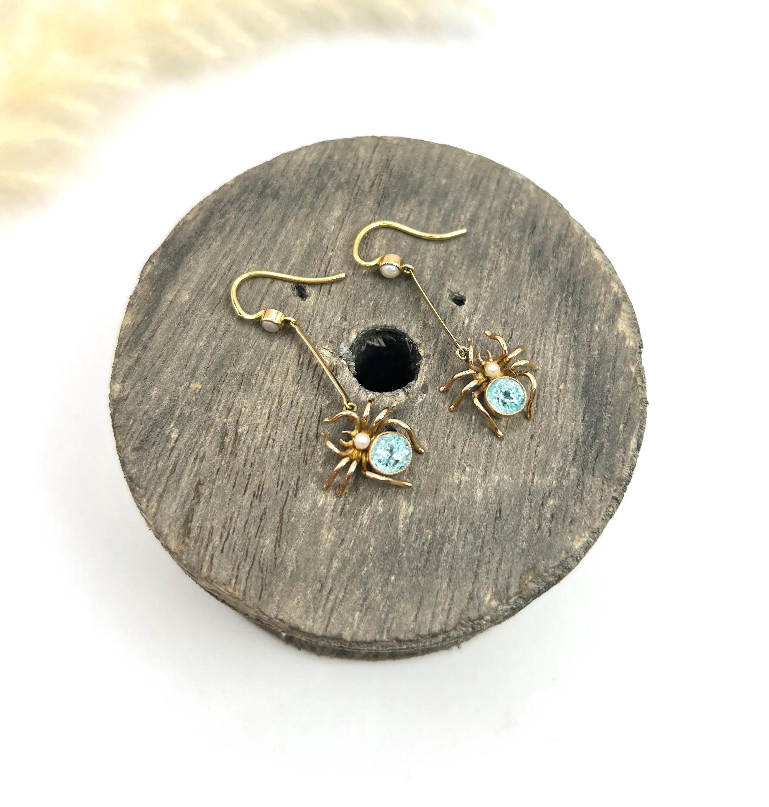 Antike 15ct Gelbgold, Edwardian Topas & Seed Pearl Spider Drop Ohrringe im Angebot 5