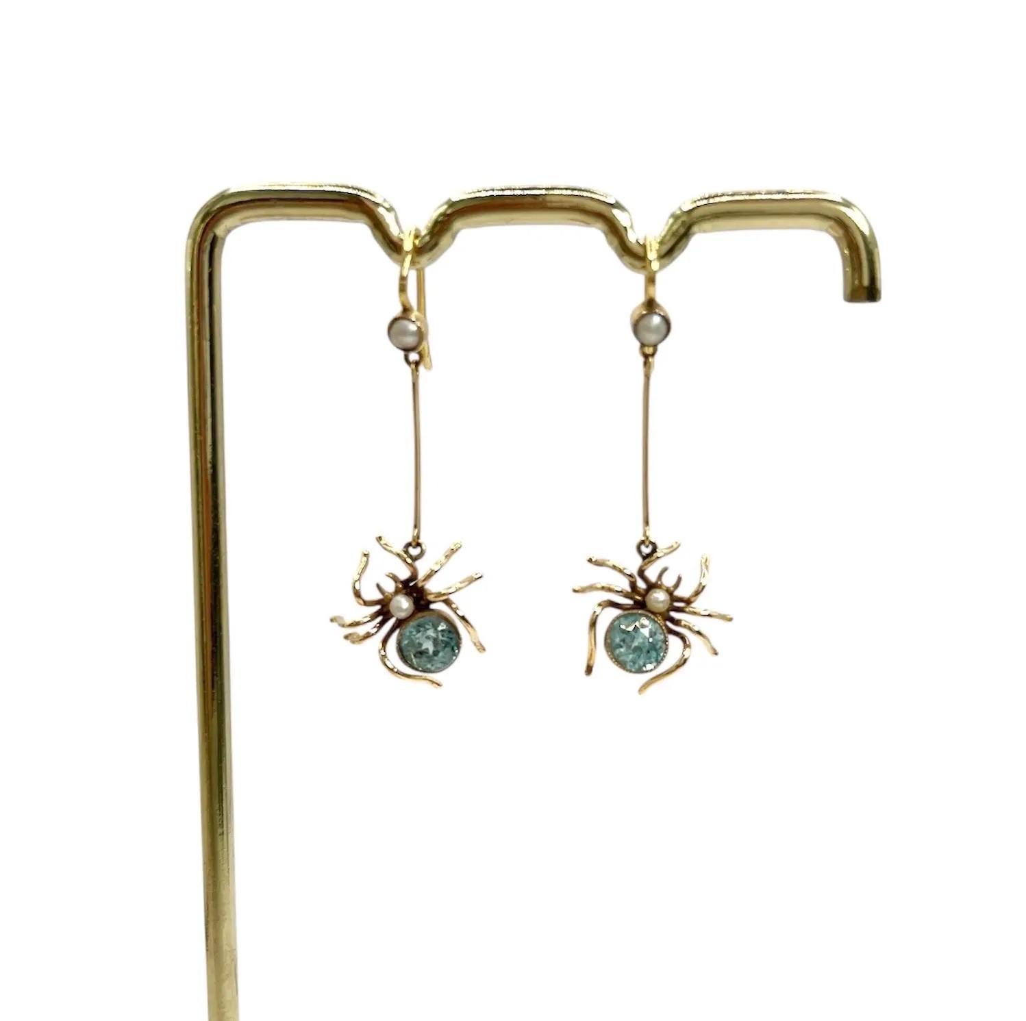 Antike 15ct Gelbgold, Edwardian Topas & Seed Pearl Spider Drop Ohrringe (Rundschliff) im Angebot